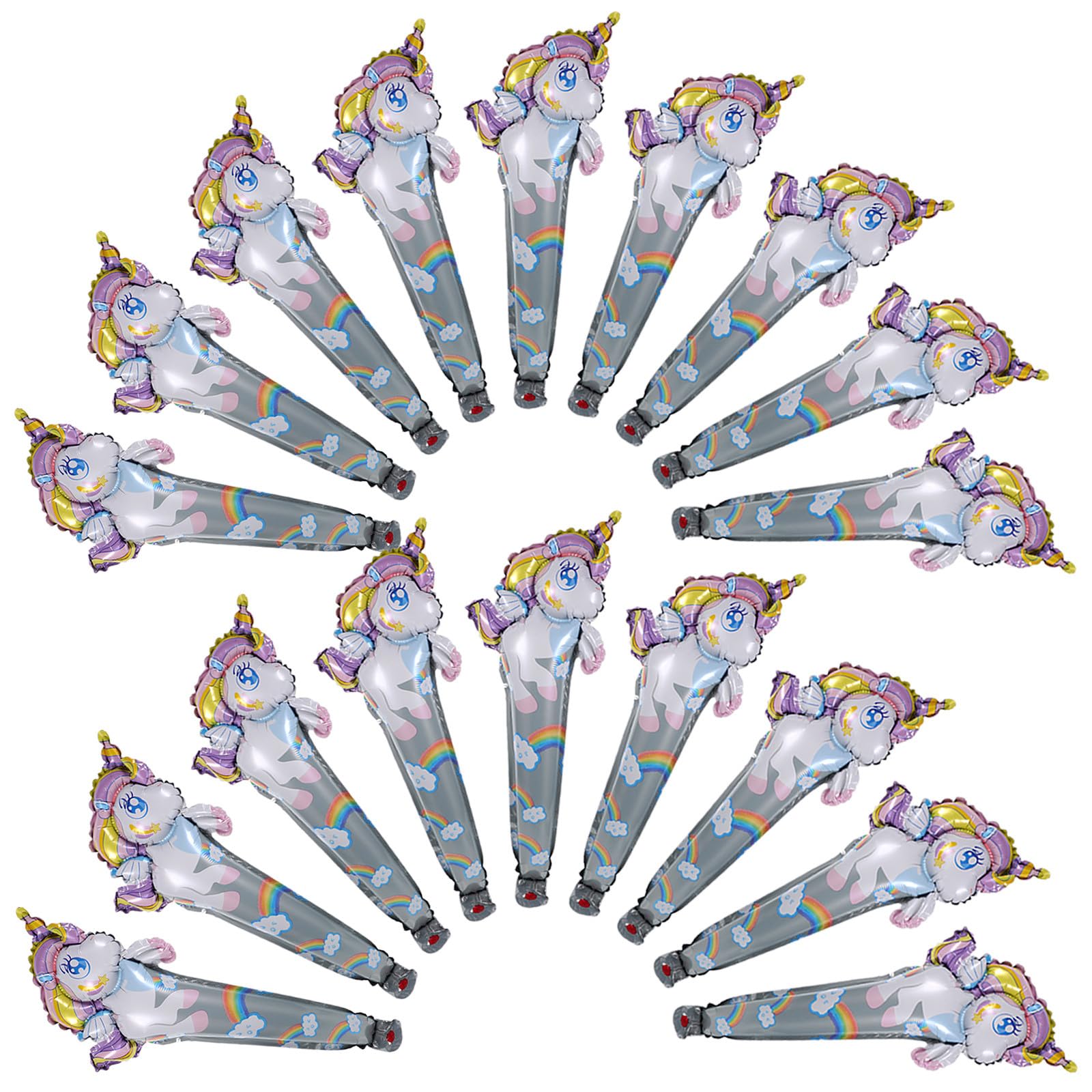 GARVALON 50Pcs Unicorn Foil Balloons with Handle Wand, Inflatable Unicorn Party Decorations for Birthday Supplies and Festival Celebration, Handheld Balloon Sticks for Party