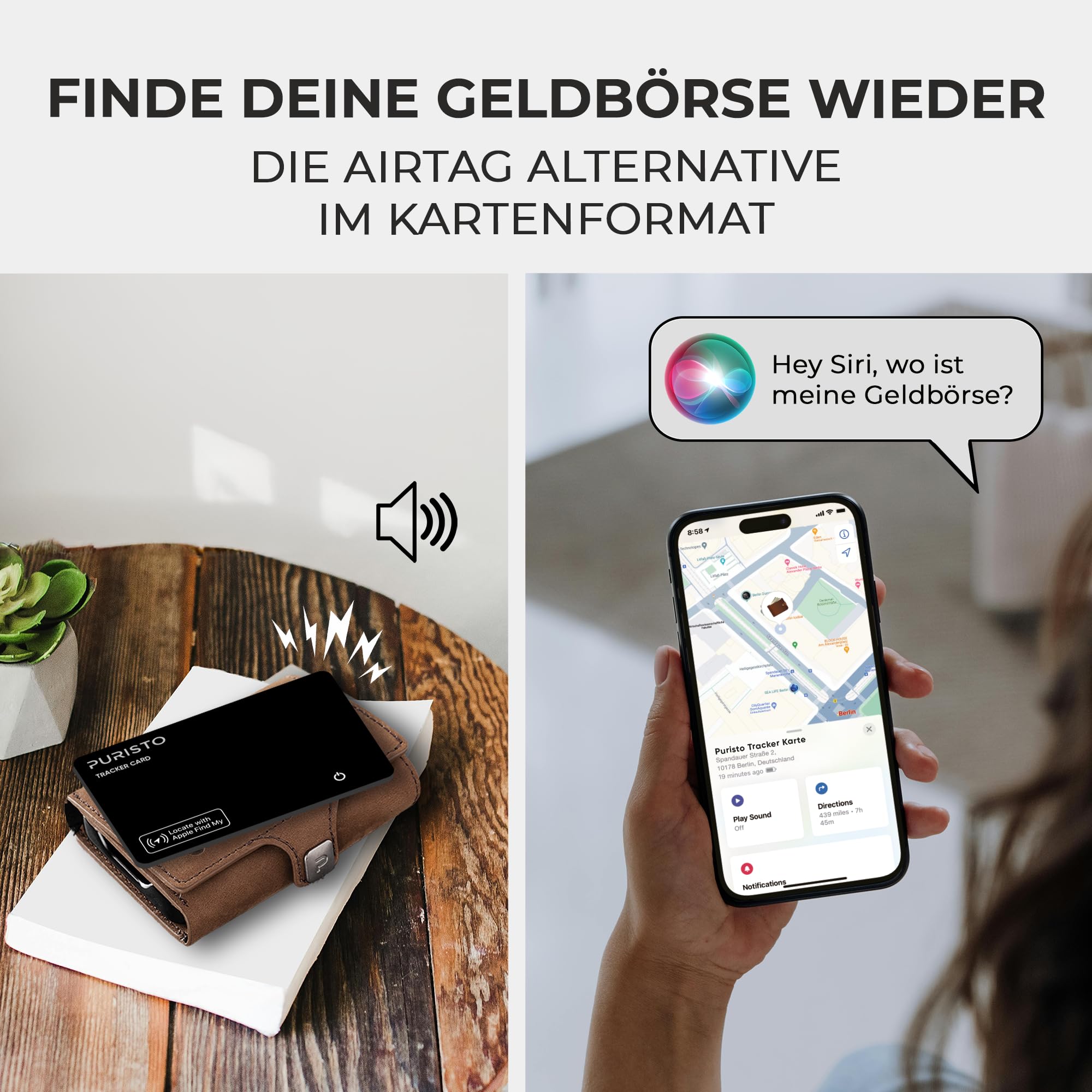 Wallet Tracker Karte Wireless - Apple AirTag Pendant im Kartenformat | 3-in-1 mit RFID Blocker und Lost & Found Service | Wiederaufladbar, dünn | Apple Wo ist? | AirTag Tracker Karte