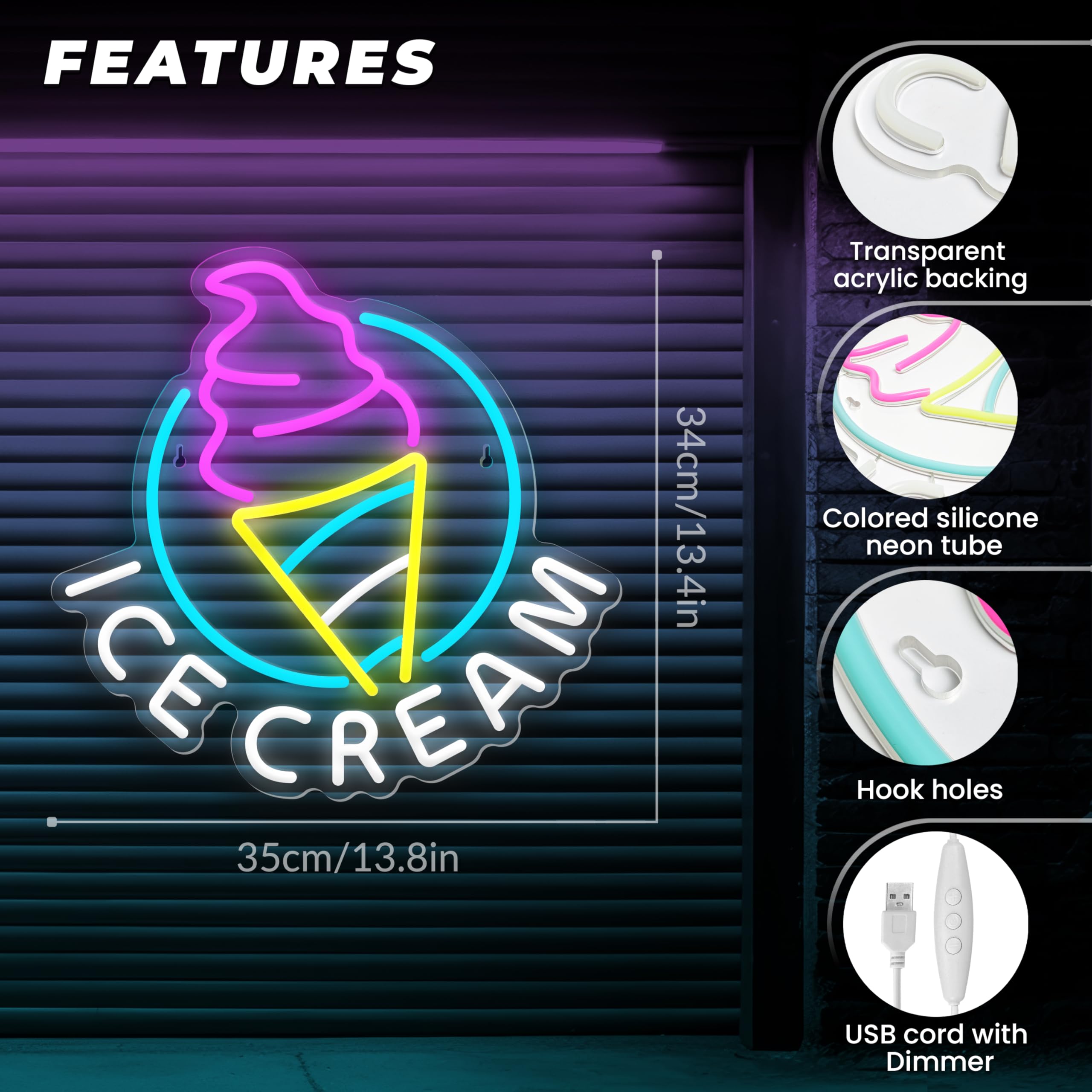 Letrero de neón de helado para decoración de pared, letrero colgante LED con alimentación por USB y interruptor regulable para furgoneta de helados, quiosco, tienda de café, supermercado, sala