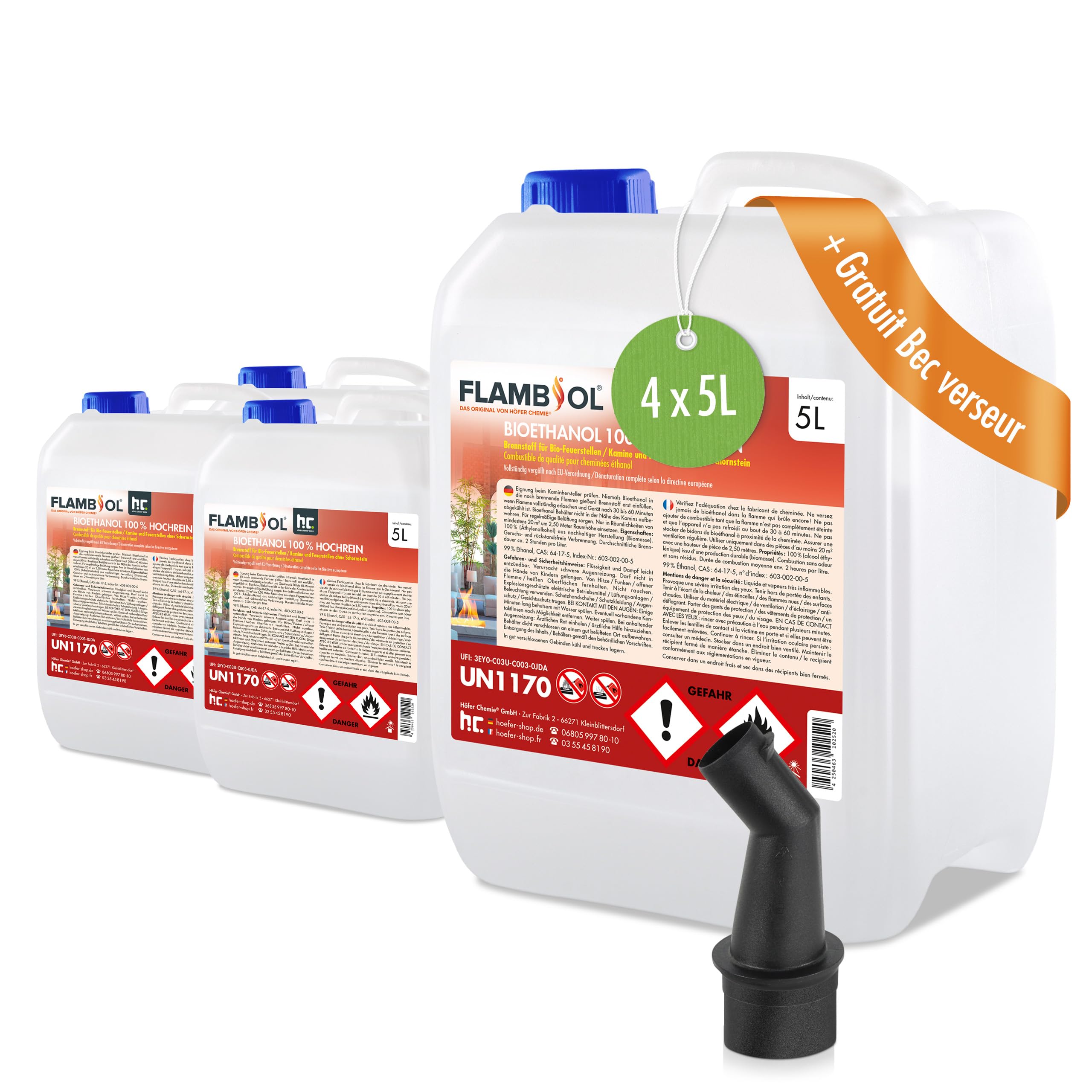 Höfer Chemie 20 L FLAMBIOL® Bioéthanol 99,9% Premium pour cheminée à l'éthanol, feu de Table à l'éthanol et cheminée au bioéthanol (4 x 5 L)