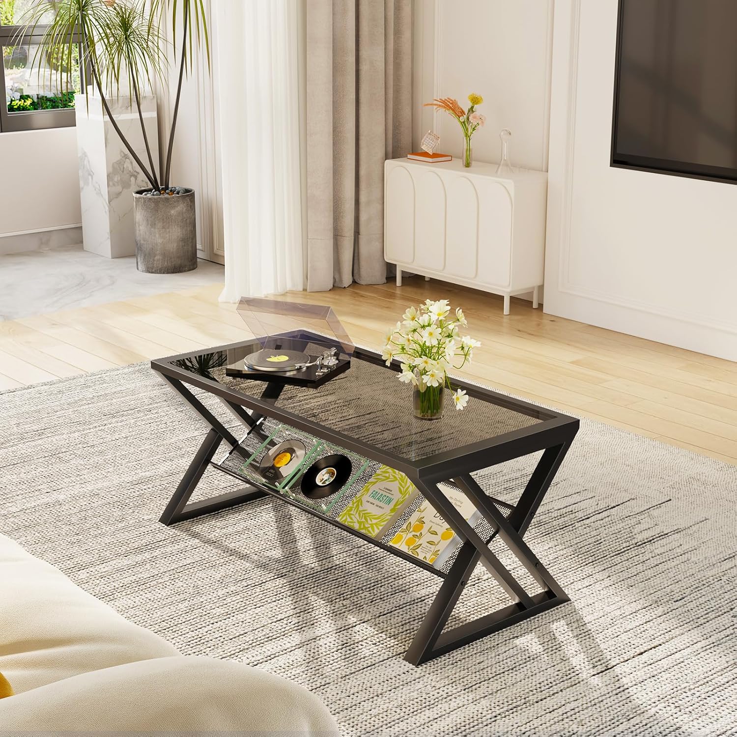 Wolawu Glass Coffee Table Living Room Table with Storage Shelf, Grey Glass Table Simple Modern Rectangular Tables with Sturdy Black Metal Frame,Industrial Glass Coffee Table for Bedroom Home Office