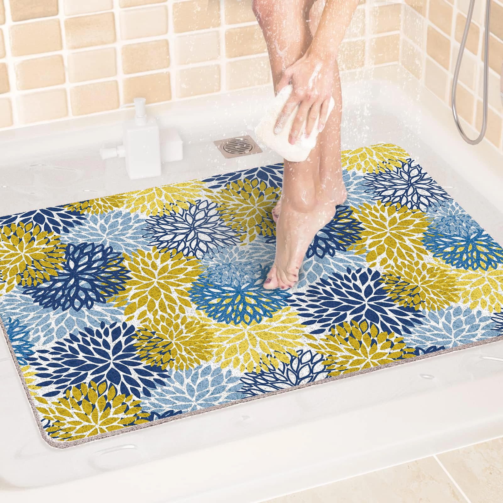 Loofah Shower Mat, Non Slip Shower Mats for inside, Washable PVC Bathroom Floor Mats Rugs, Quick Dry (120x200cm, Blue Yellow)