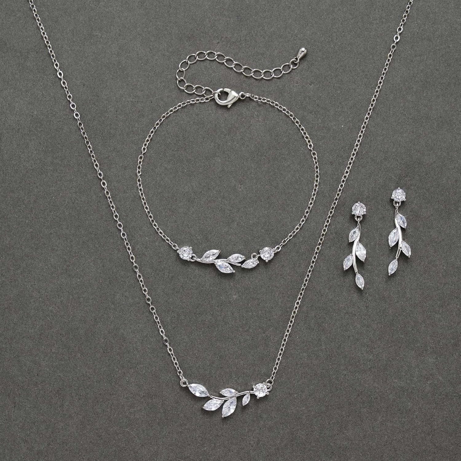 SWEETV Bride Bridesmaid Jewelry Set - Cubic Zirconia Leaf Vine Earrings, Necklace, Bracelet - Bridal Set for Wedding or Prom - Image 6