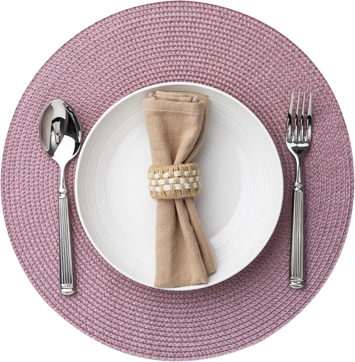 Baroyal Round Placemats Set of 4 Plastic Woven Placemats Washable Wipeable Table Mats for Dining Table Heat Resistant Non-Slip Circle Place Mats (Lilac)