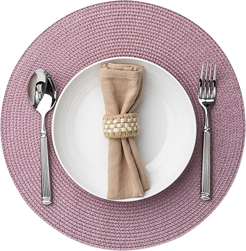 Miniatura 7 de Manteles individuales redondos de plástico, juego de 6 manteles individuales tejidos lavables y limpiables para mesa de comedor, resistentes al