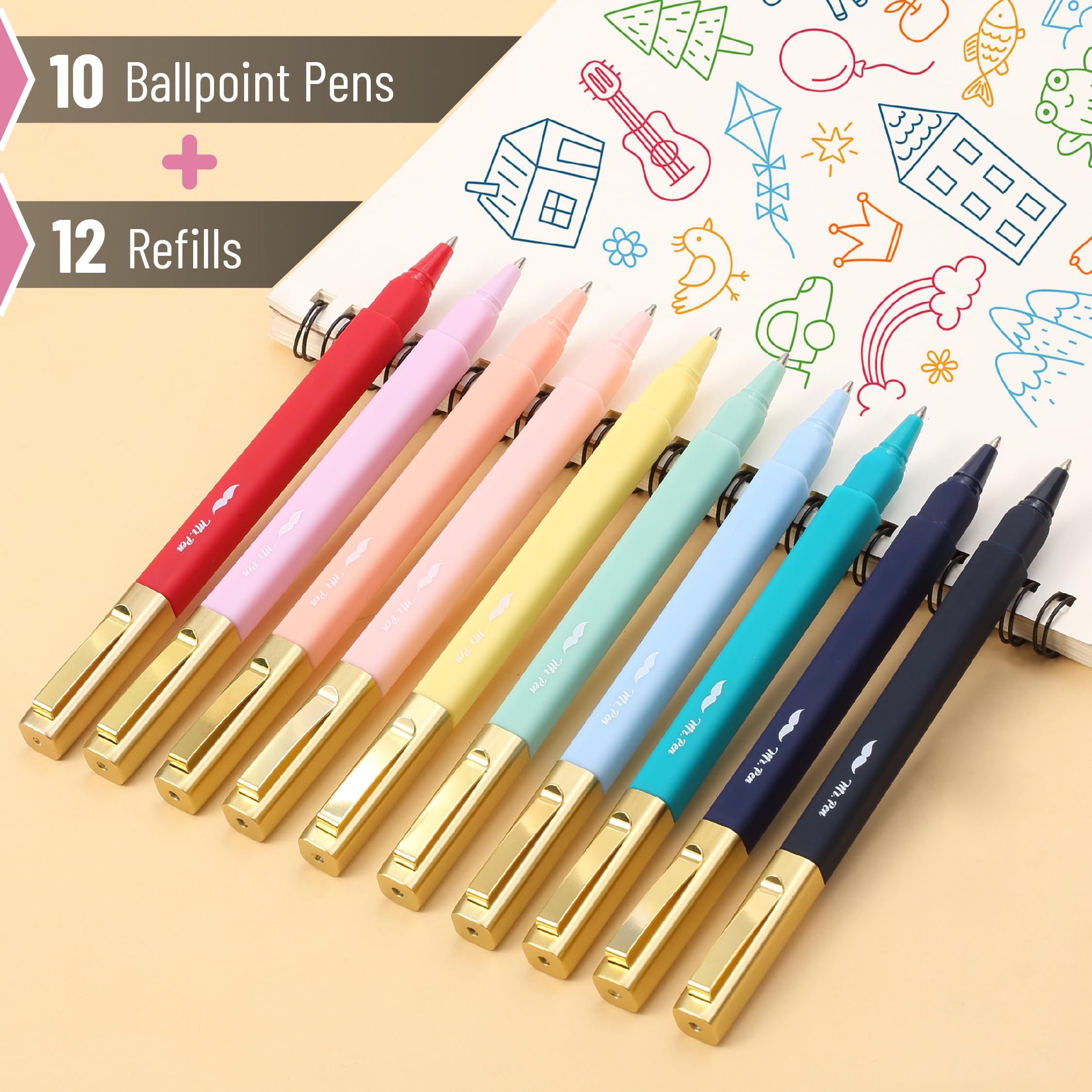 Mr. Pen Lot De 10 Stylos Esthétiques Pointe Fine 0.7 Mm - Couleurs Assorties, Séchage Rapide Sans Bavure
