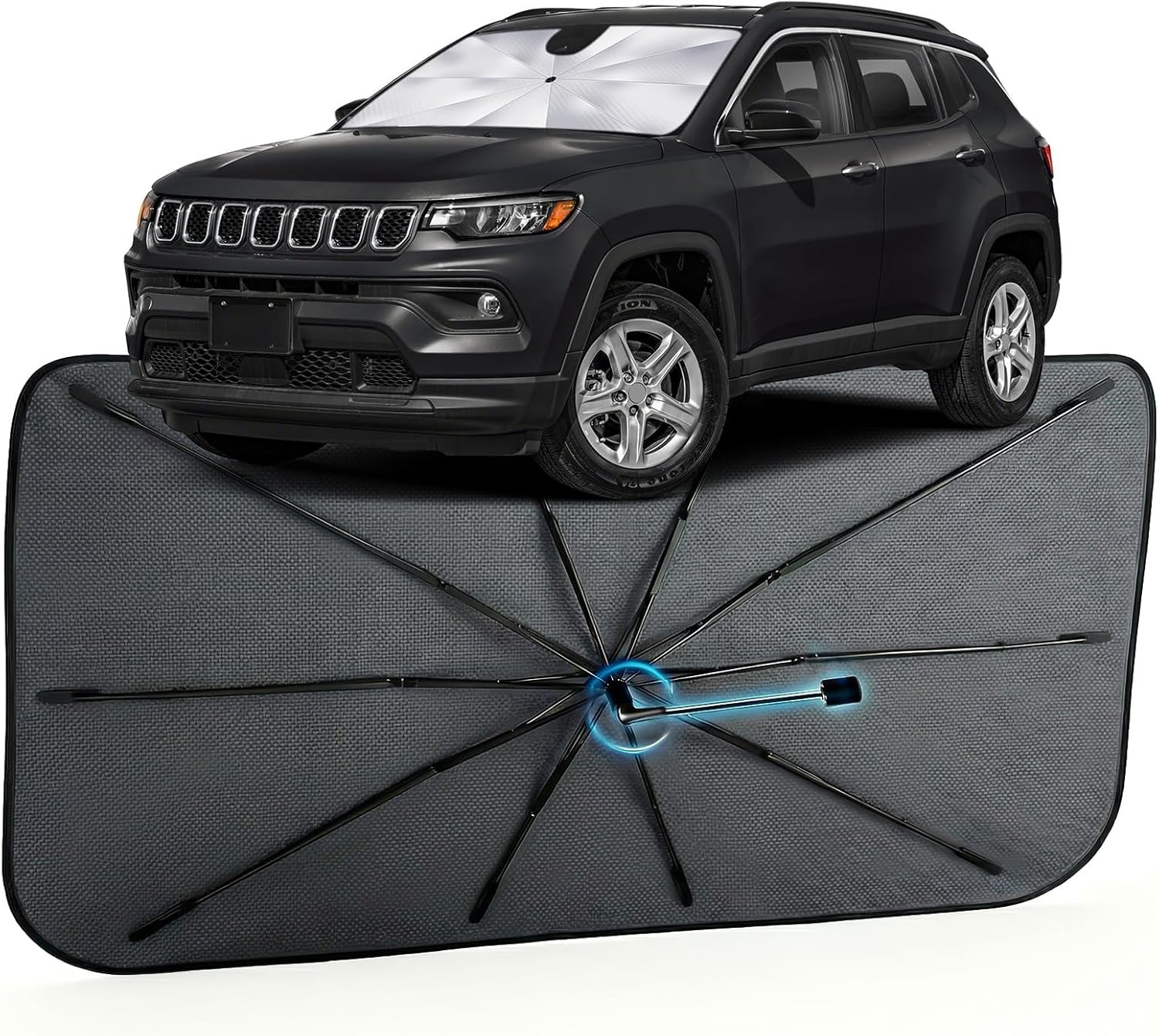 Car Windshield Sun Shade for Jeep Compass 2017-2026 –[Reflective Coated Fabric] Sunshade Umbrella for Front Window, Car Shades Sun Visor Keep Car Cool and Protects Interior, 1:1 Exact Fit