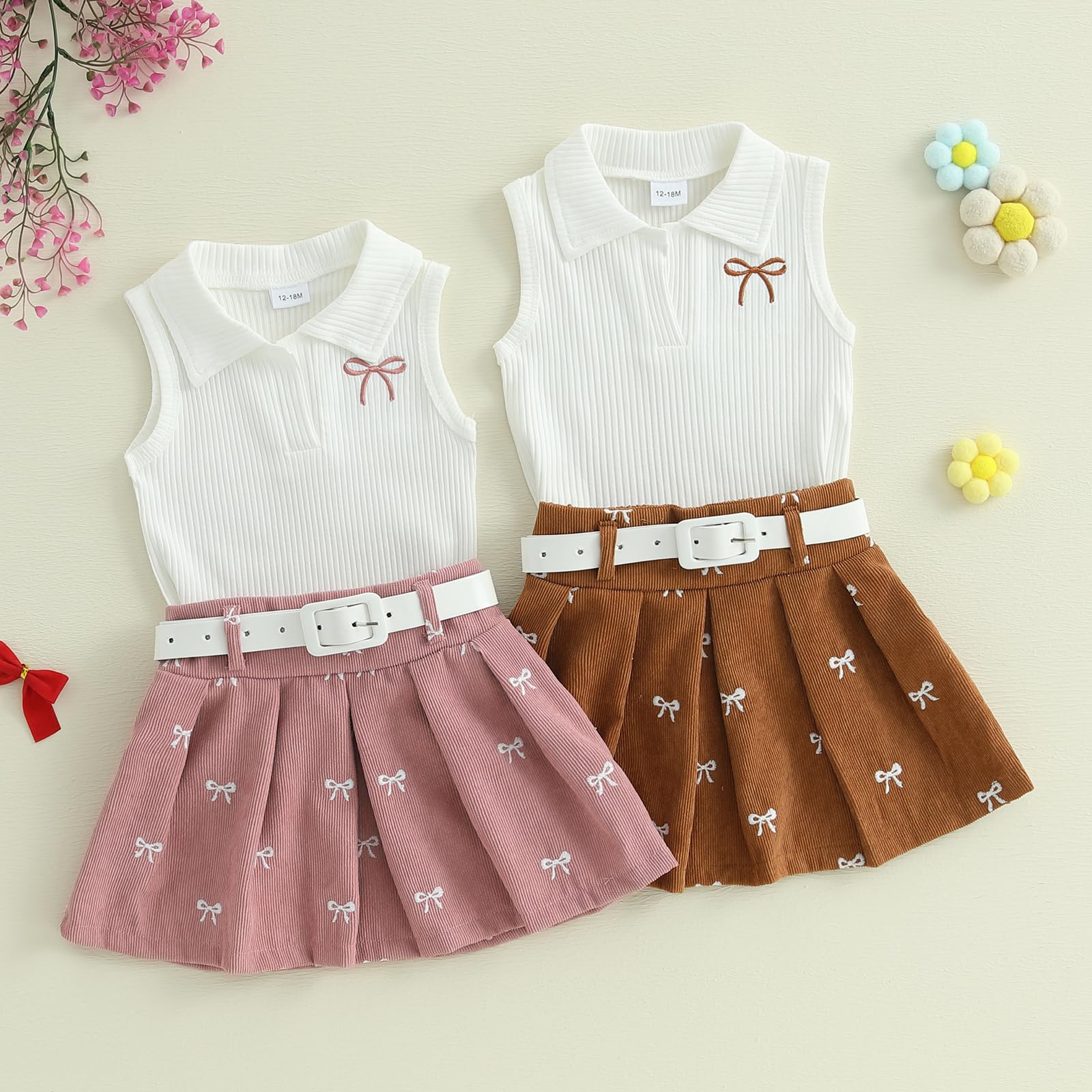 NANCHNEGGU 3PCS Infant Baby Girls Lapel V Neck Sleeveless Knitted Vest + Bowknot Skirts + Belt Outfits Sets (White Brown, 18-24 Months)