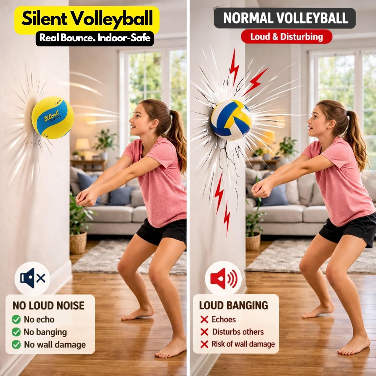 Volleyball Trainer with Silent House Ball – Indoor Practice Training Set with Serve Trainer Belt and Quiet Indoor Volleyball for Beginners & Advanced Players
