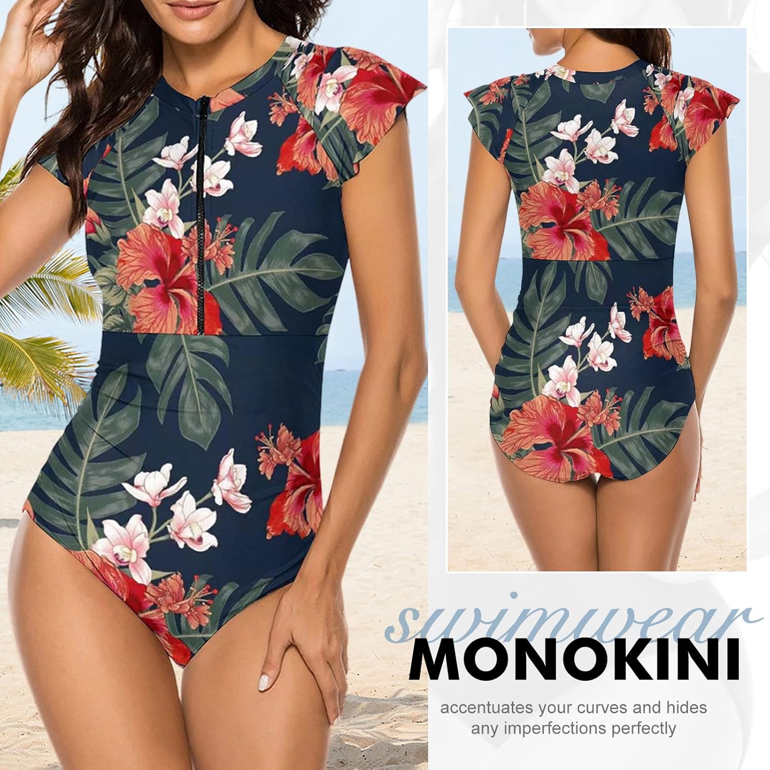 Wolddress Women Modest One Piece Bathing Suit Short Sleeve Tummy Control Swimsuit Zipper Surfing Athletic Rash Guard - Image 4