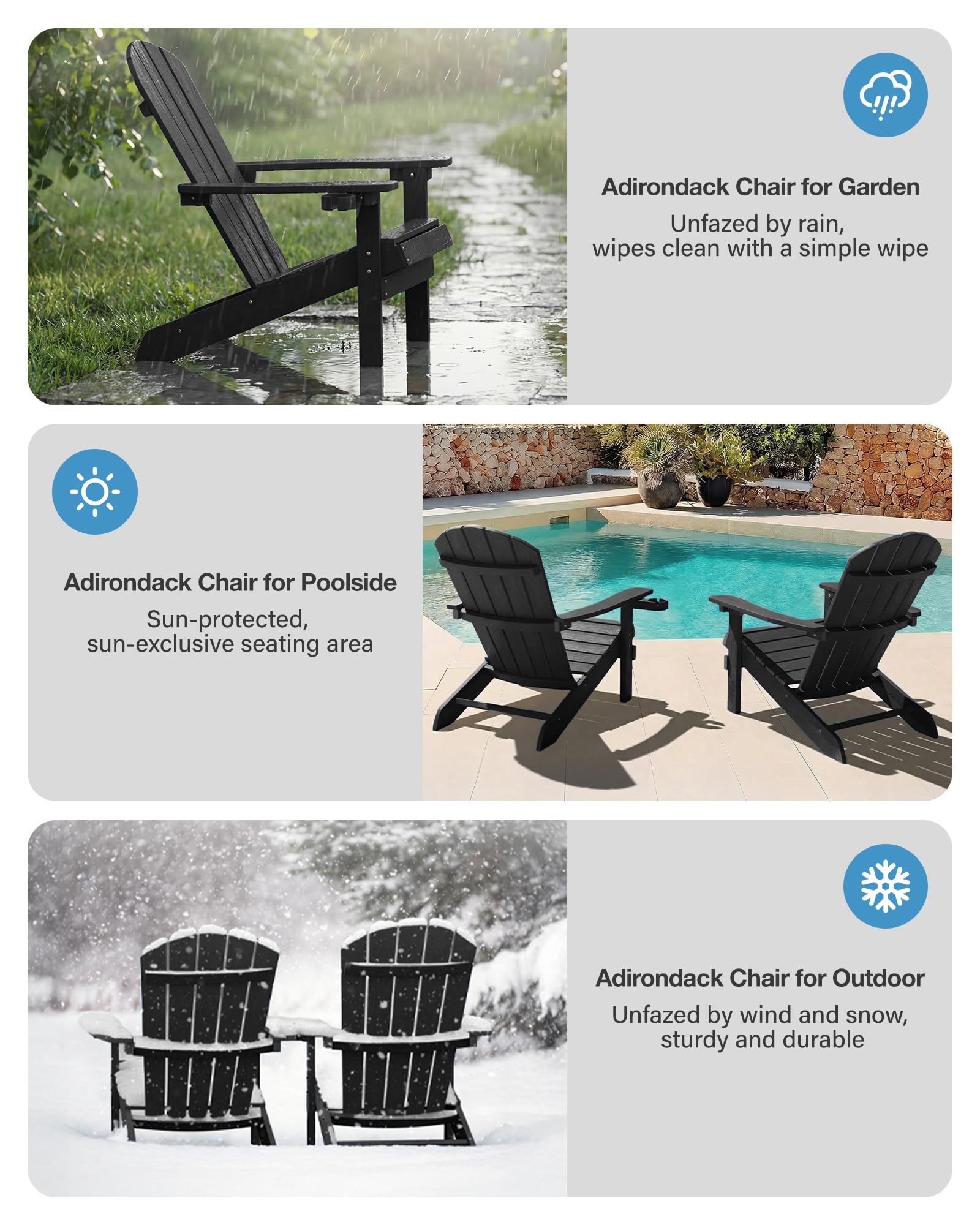 MXIMU Silla Adirondack para jardín al aire libre: respaldo ergonómico cómodo, sillas duraderas con portavasos, sillas Adirondack para todo tipo de clima para patio, hoguera, camping, piscina, banco