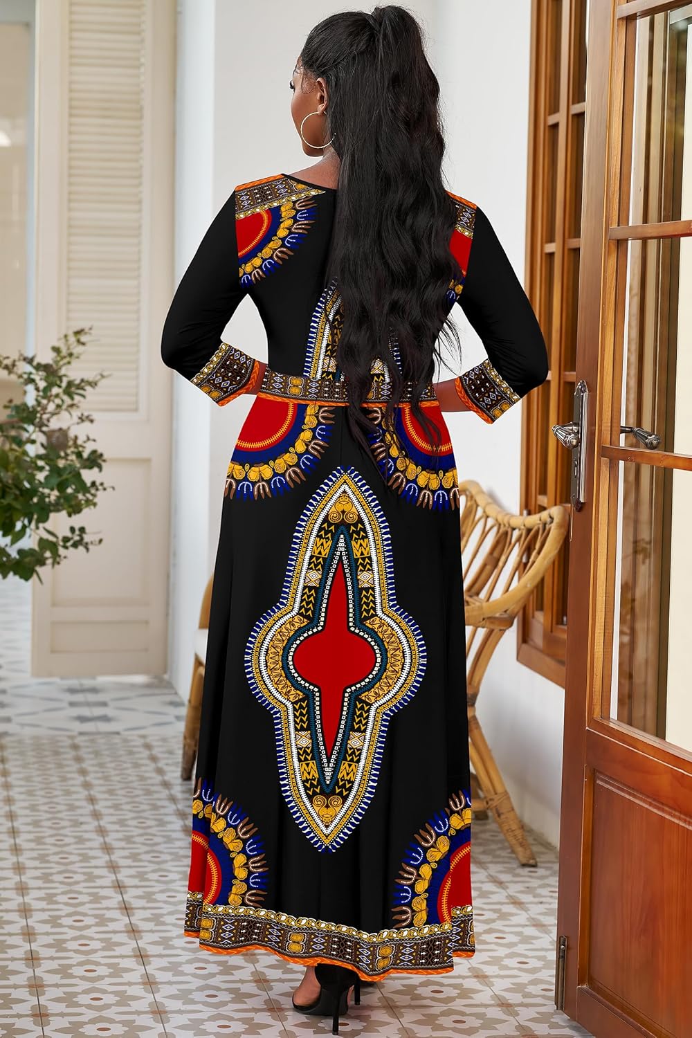 FANDEE Women's Dresses Church Loose Fit V Neck Dress with 3/4 Sleeve and Belt Design Casual Long African Attire Dress - Image 3