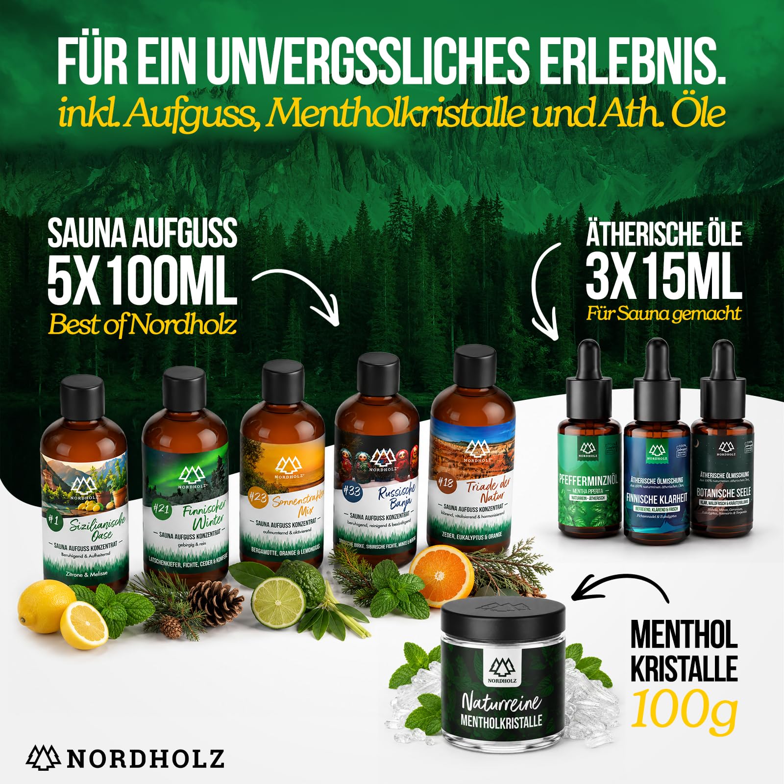 NORDHOLZ® Sauna Zubehör Set XXL [inkl. 5x100ml Sauna Aufgussmittel + 100g Mentholkristalle] Sauna Eimer mit Sauna Sanduhr & Sauna Hygrometer - Sauna Zubehör Geschenk + 3 Ätherische Öle je 15ml