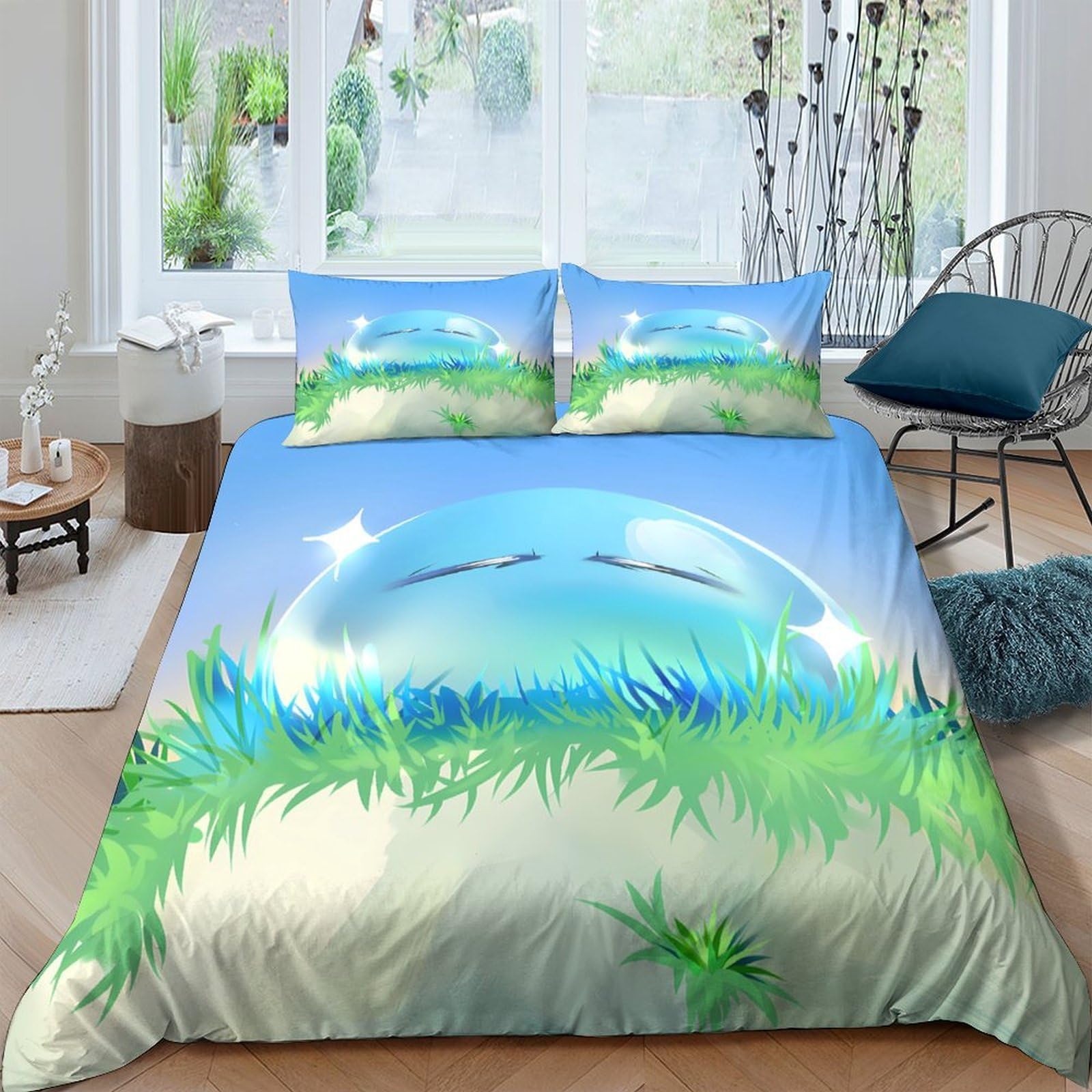 Ctjqhvkz Style-10 3D Printed Blue Cartoon Slime Fitted Sheet Microfiber Soft Breathable Grass Meadow Bed Cover For Bedroom Dorm Mattress Protection Decor Single（135X200cm）