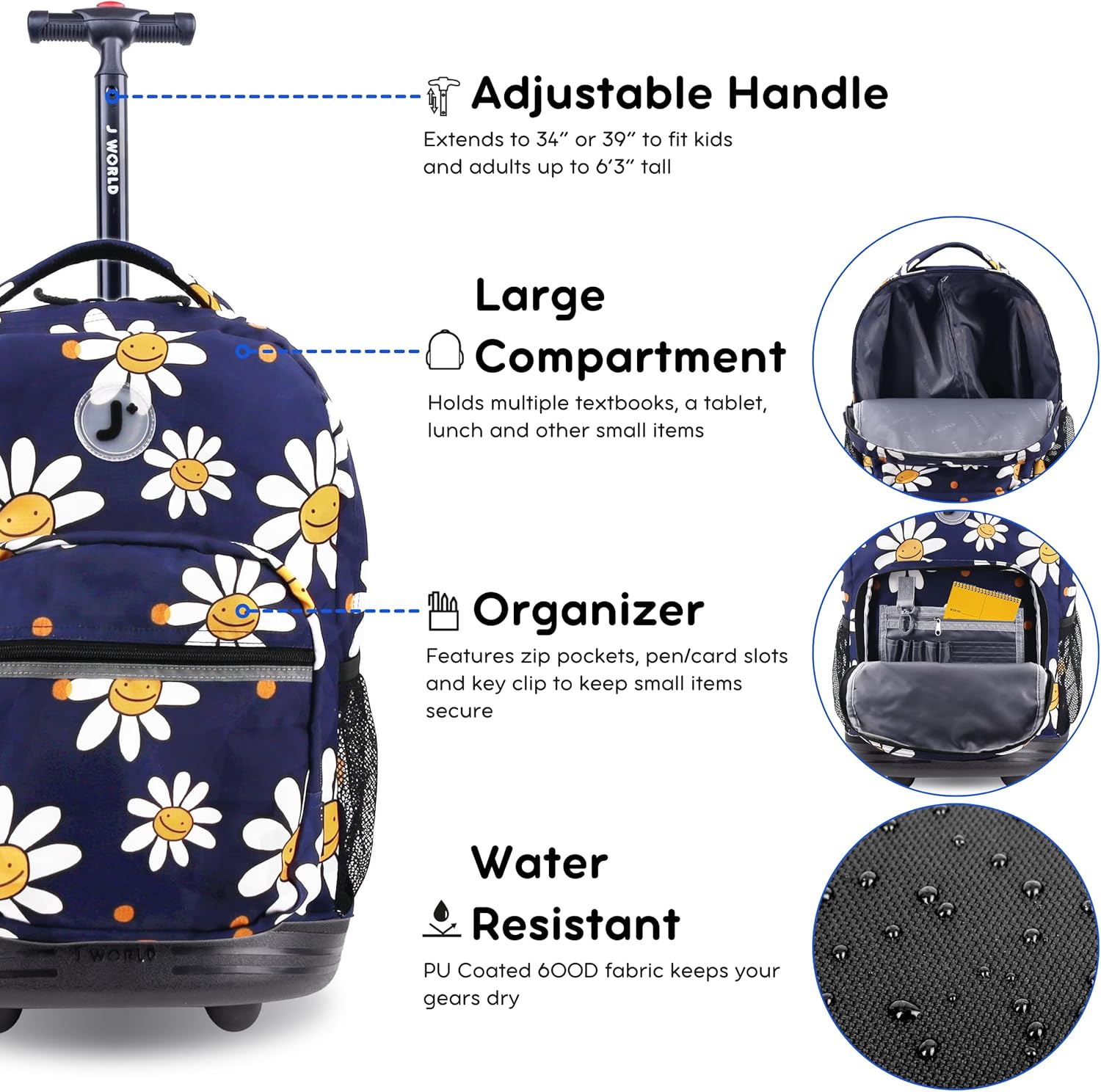J World Sunrise Kids Rolling Backpack for Girls Boys. Roller Bookbag With Wheels For School, Joy Daisy - Image 5