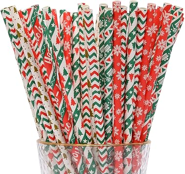 100PCS YAOSHENG Christmas Paper Straws for drinking, Biodegradable red green straws for Party Supplies,Holiday,Easter,Cake pop sticks, Thanksgiving Christmas Holiday Gift Assorted Colors