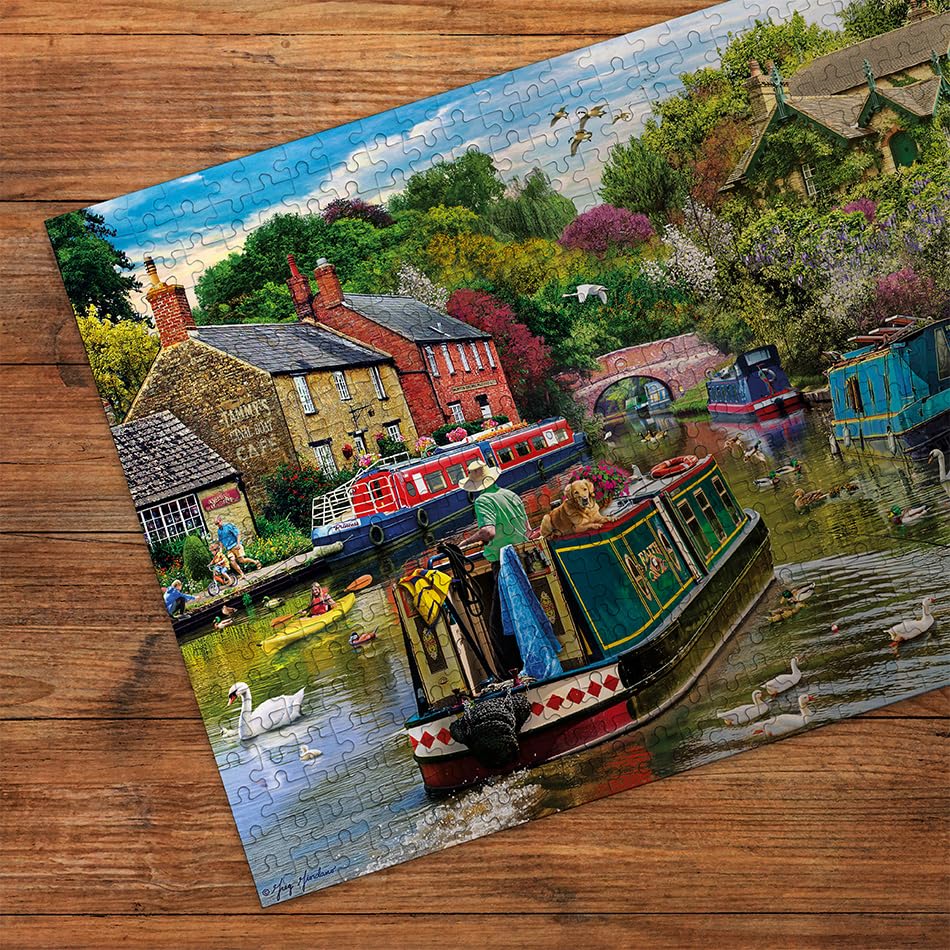 Gibsons River Retreat 500 Piece Jigsaw Puzzle Beautiful Colourful Artwork Canal Boats Nostalgic Sustainable Jigsaw Puzzle for Adults Teens Premium 100% Recycled Board Great Gift - Image 3