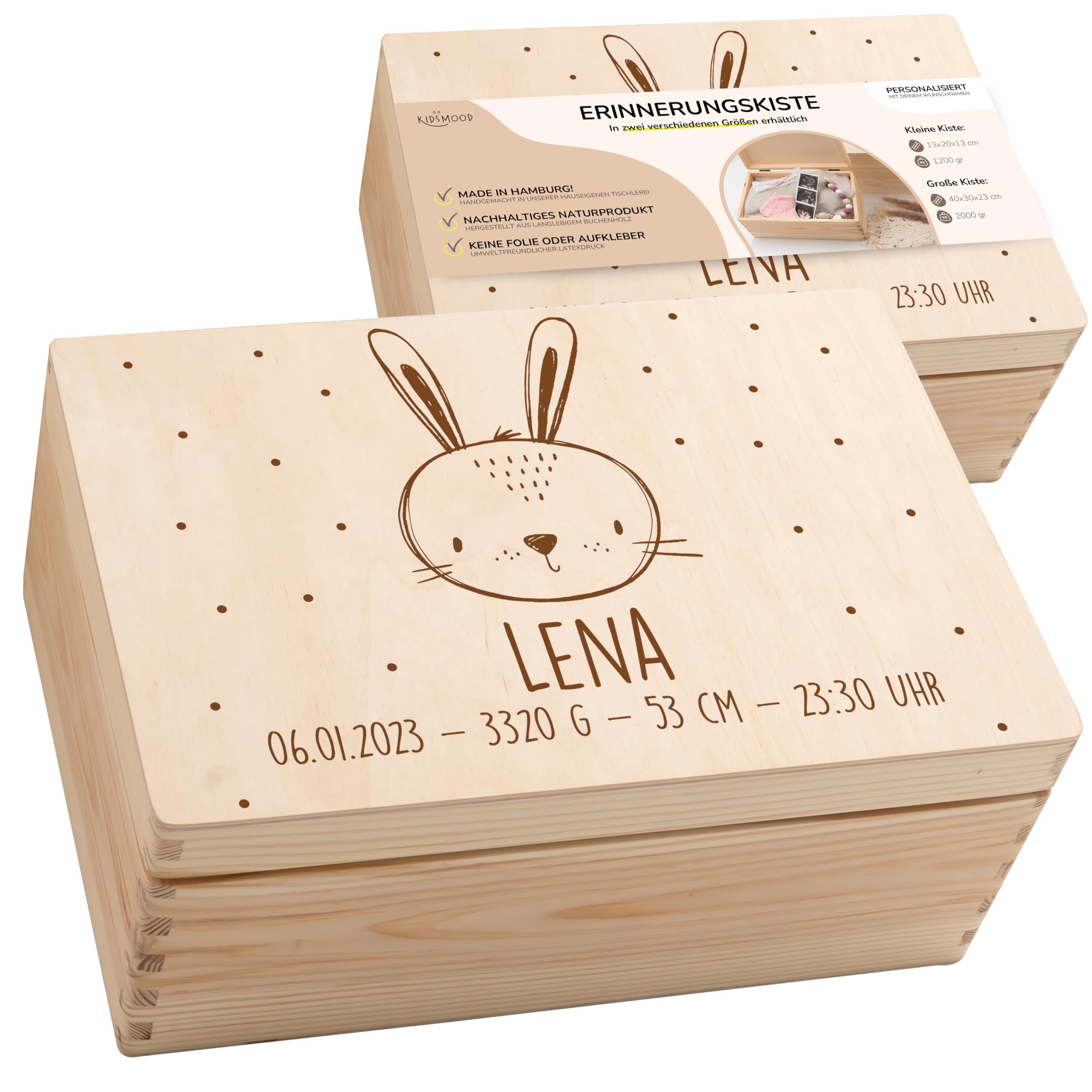 KIDSMOOD - Erinnerungsbox Baby, personalisierte Holzkiste mit Deckel, Ideal zur Aufbewahrung von Erinnerungen und als Geschenk zur Geburt, Taufe oder als Geburtstagsgeschenk für Mädchen und Jungen