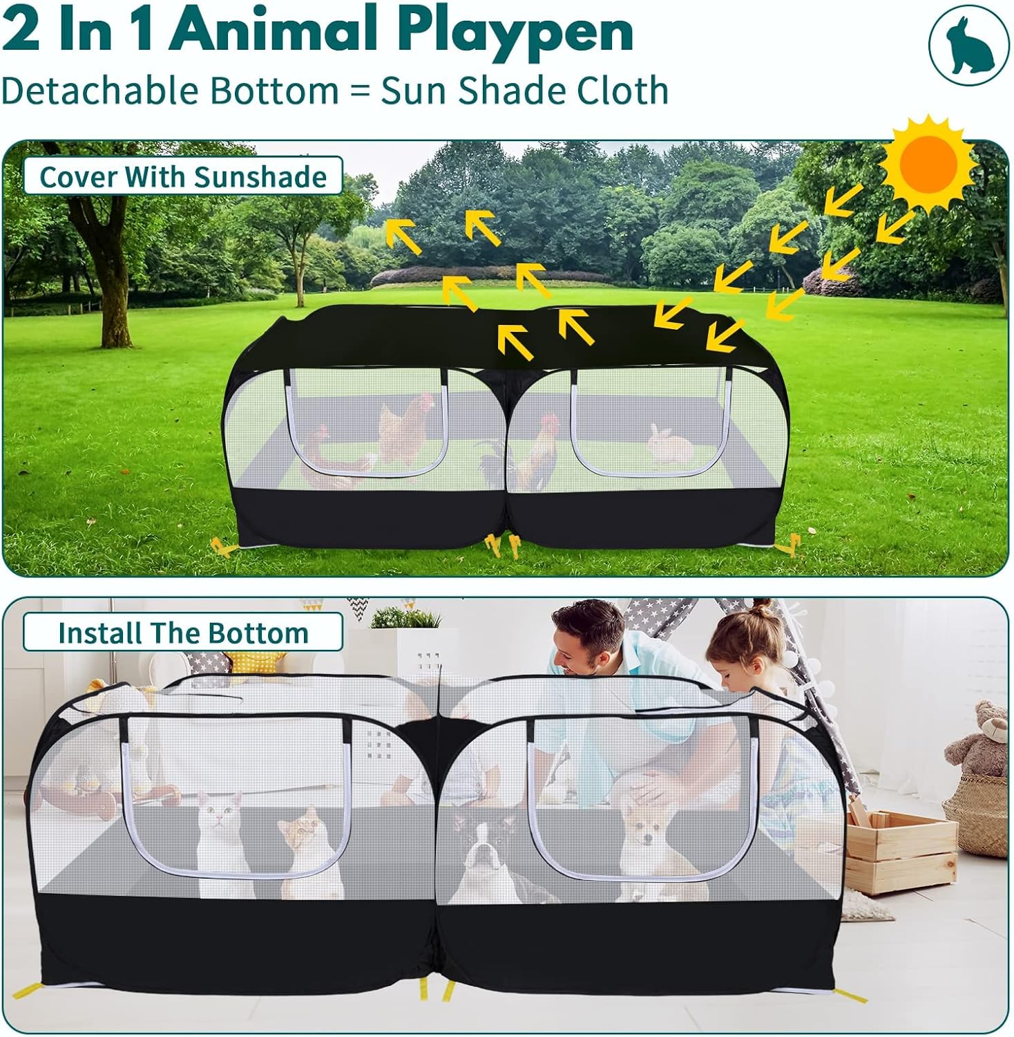 small animals playpen,pet cage tent large chicken run coop with detachable bottom breathable transparent mesh walls, foldable pet enclosure for puppy kitten rabbits indoor outdoor playpen black with detachable bottom