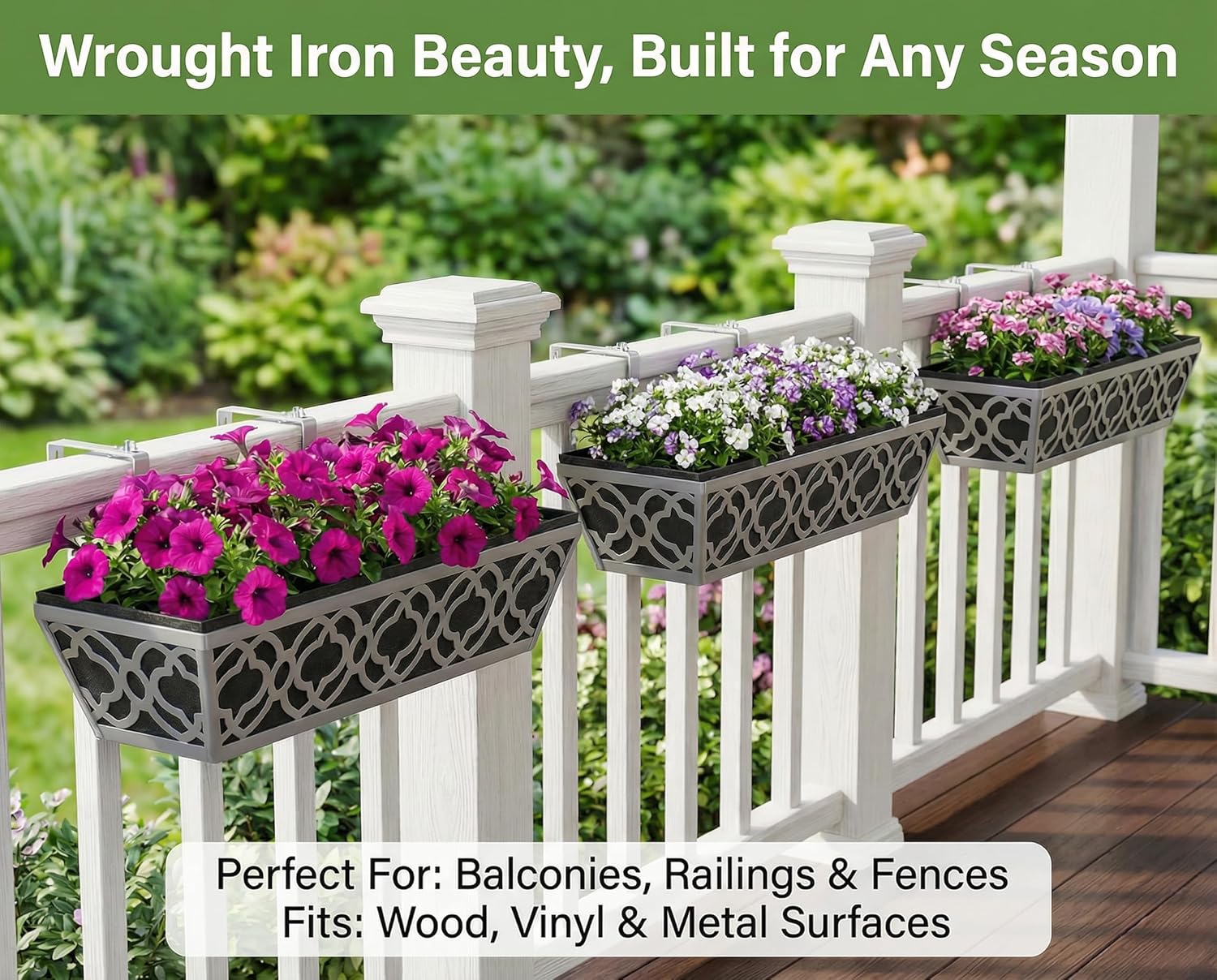 Y&M 2Pcs 24'' Railing Planter Box Set with Black Non-Woven Fabric Liner, Flower Boxes with Adjustable Brackets, Large Metal Hanging Window Boxes for Fence, Deck, Balcony, and Garden