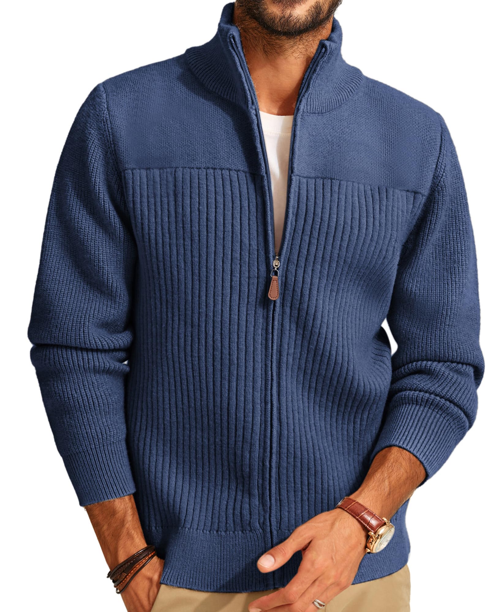 pj paul jones Men's Full Zipper Cardigan Casual Stand Collar Cardigan Sweater Ribbed Knit Long Sleeve Sweater, Dark Blue, Large-picture-45
