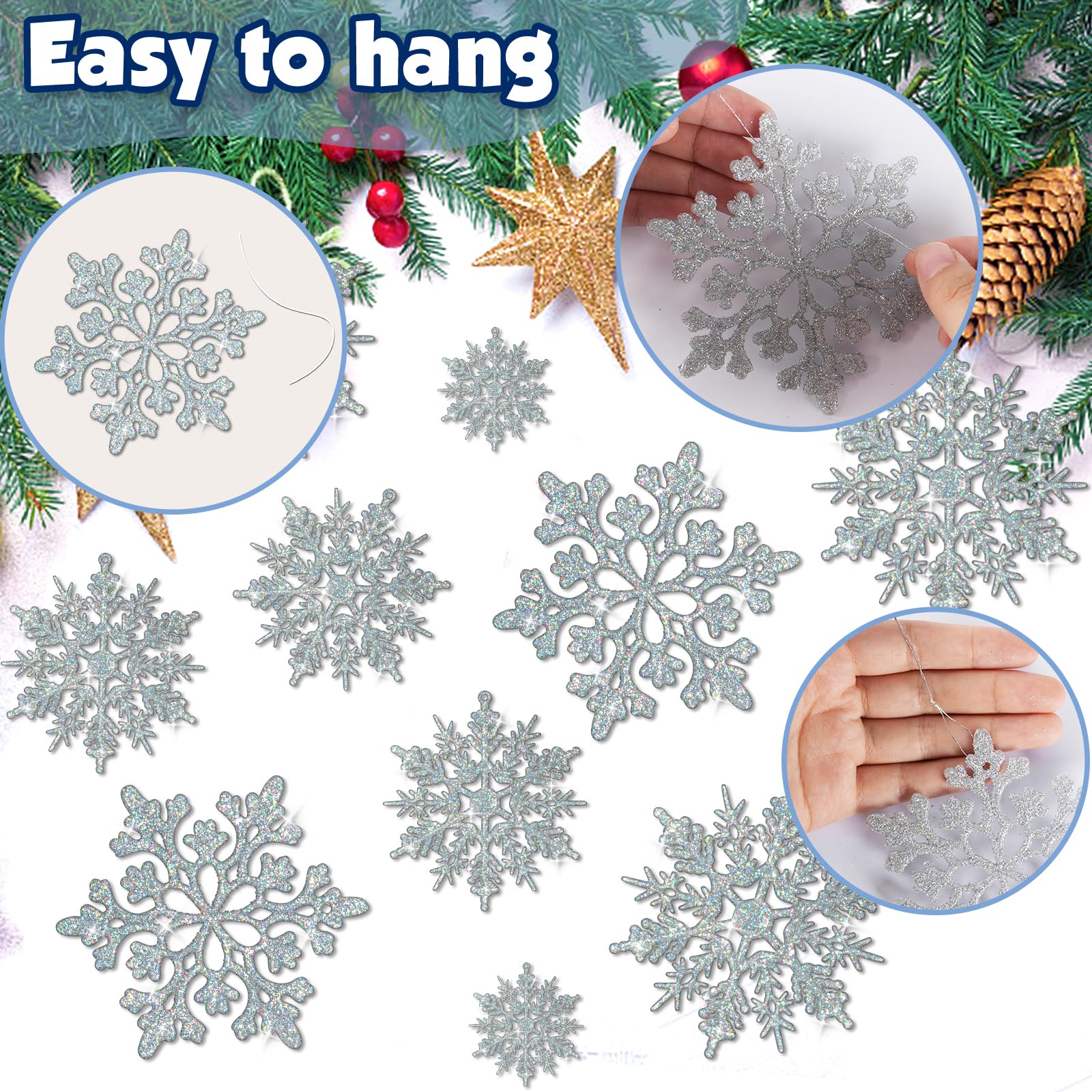 36 Stück schillernde silberne Weihnachts-Schneeflocken-Ornamente, Kunststoff funkelnde Glitzer-hängende Schneeflocken für Weihnachtsbaumschmuck, Winterwunderland, Frozengeburtstag, Party, Urlaub