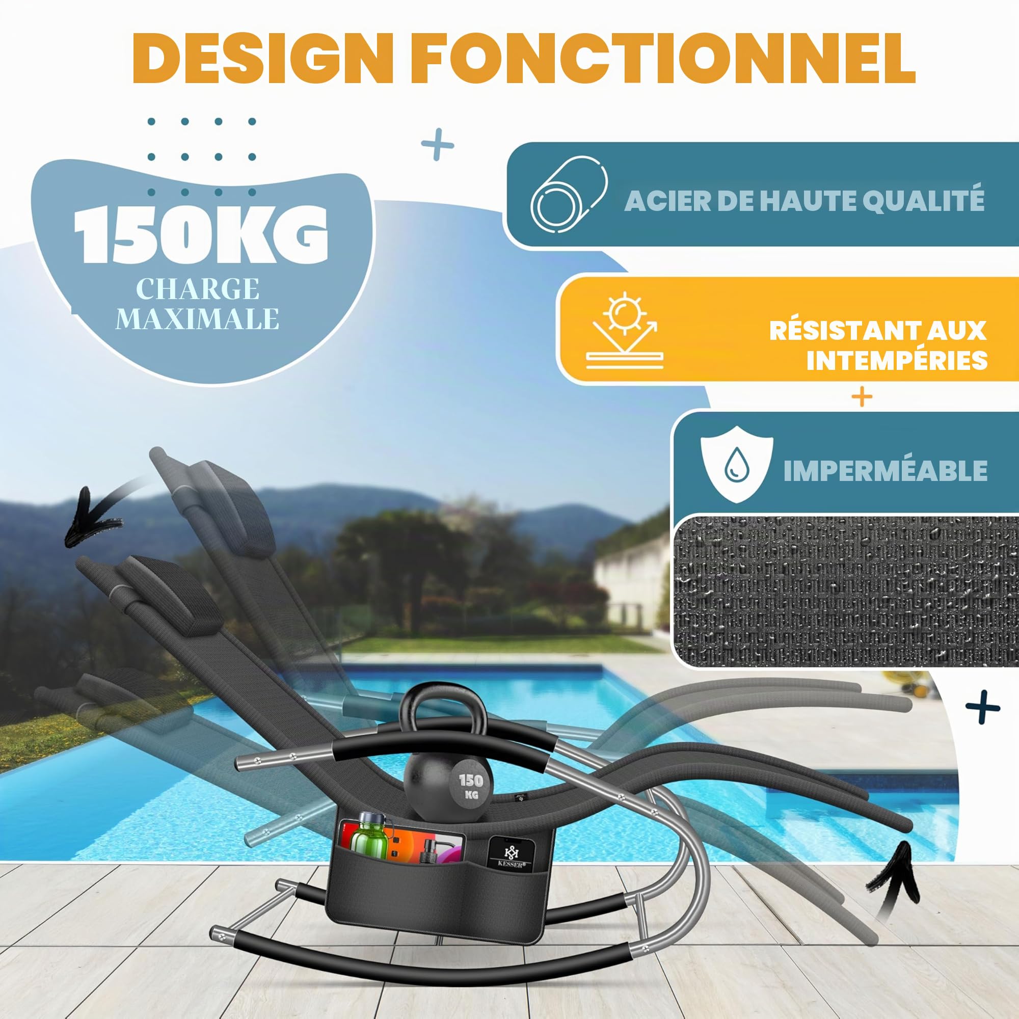 KESSER Chaise de jardin à bascule - Ergonomique - Coussin - Résistant aux intempéries - Charge maximale : 150 kg - Anthracite