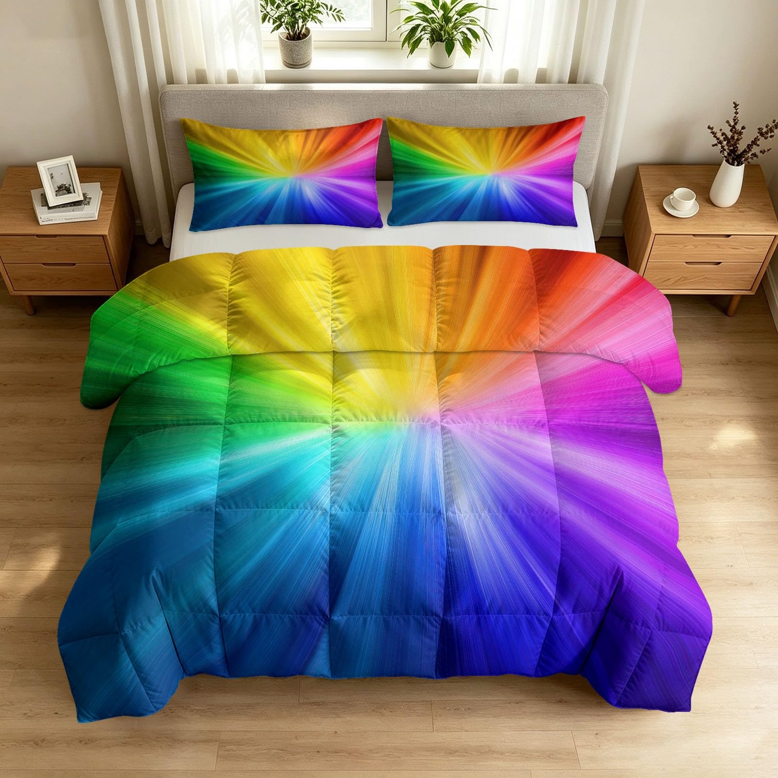 Kołdra 240 x 260 cm, na 4 pory roku, nowoczesna, minimalistyczna konstrukcja, nadaje się do prania, bez poszewki na poduszkę – tęczowy gradient kolorów, wzór promieniowania, przyjazna dla skóry