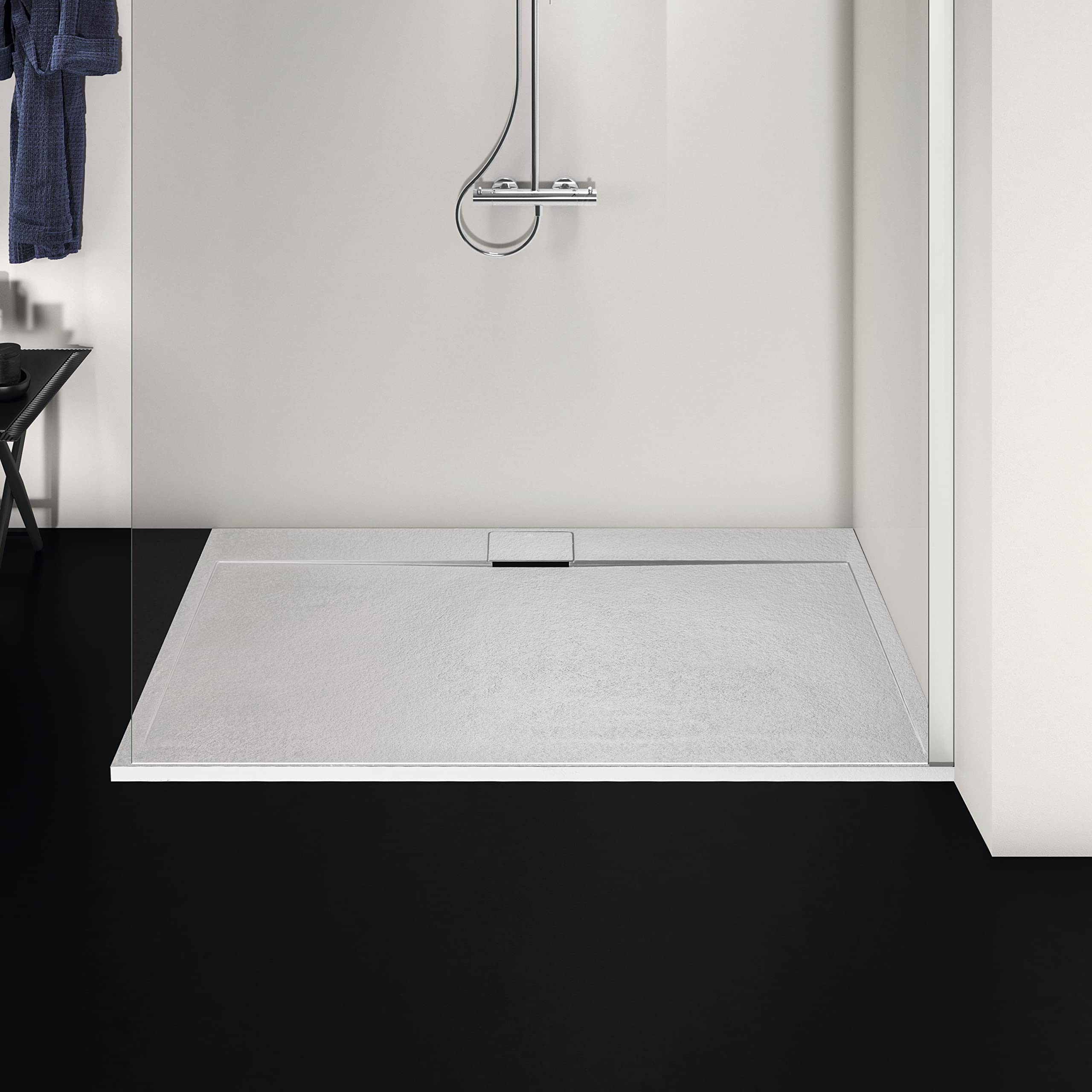 Ideal Standard - Ultra Flat S i.life, Plato de ducha rectangular 180 x 80 cm, de resina, desagüe lateral largo, acabado mate efecto piedra, blanco