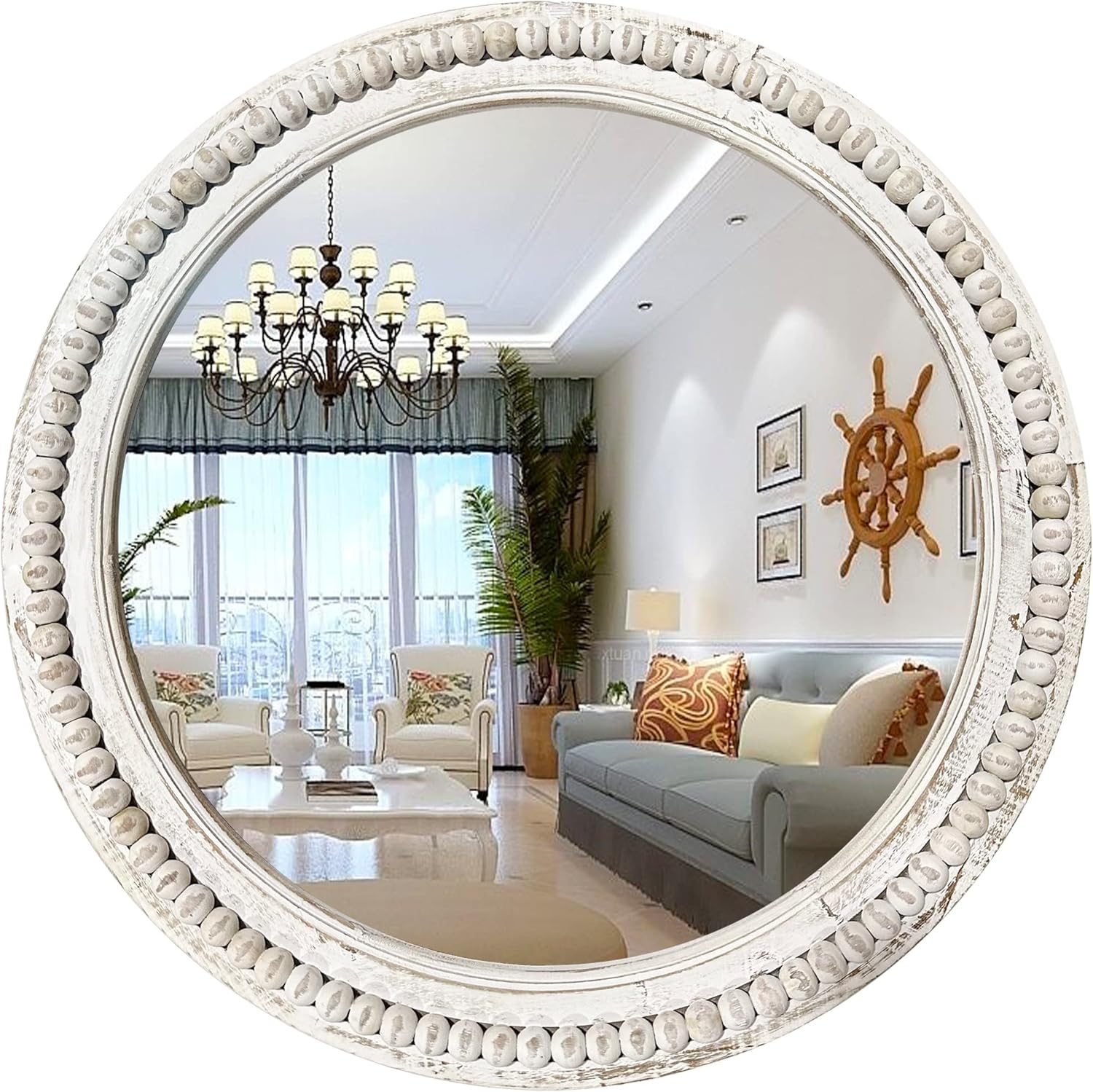 Rustic Round Wall 24 Inch Wood Circle Mirror with Beads, Decorative Farmhouse Mirror for Living Room, Bedroom, Kitchen, Entryway (White)