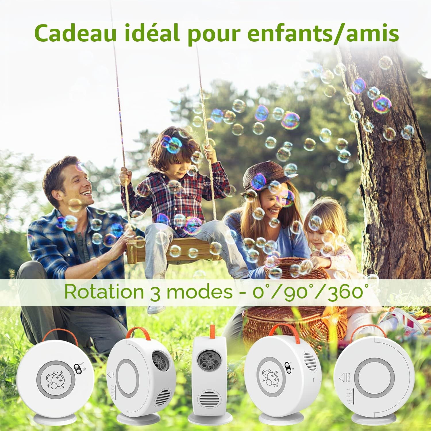 Machine à Bulles, Jouet a Bulles Automatique Rechargeable Soufflante, Rotatif 90°/360°, 500ml Souffleur à Bulles pour Enfants 3 4 5 6 Ans, Jeux De Jardin, Idée Cadeau Garcon Fille (Blanc+Orange)