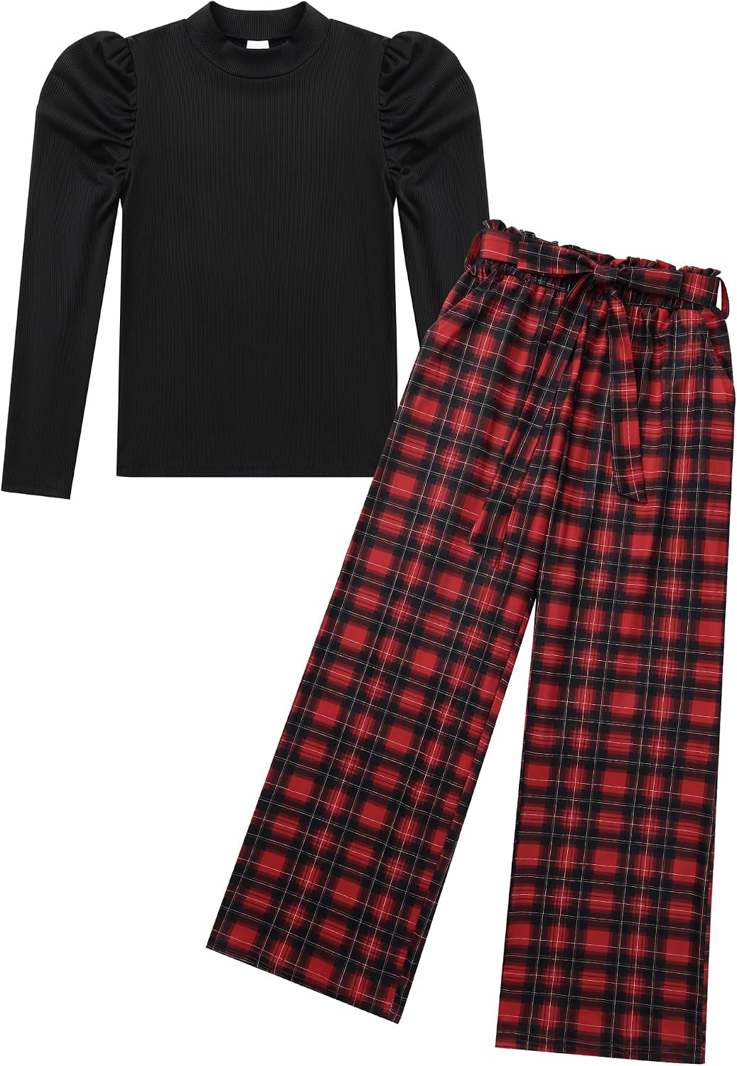 Hotfiary Girls 2 Piece Clothes Ribbed Tops & Plaid Pants for 5-14 Years | Puff Long Sleeve Knit Shirt, Wide Leg Sweatpant with Tie Belt, Fall Winter Outfits for Christmas, Thanksgiving, Birthday