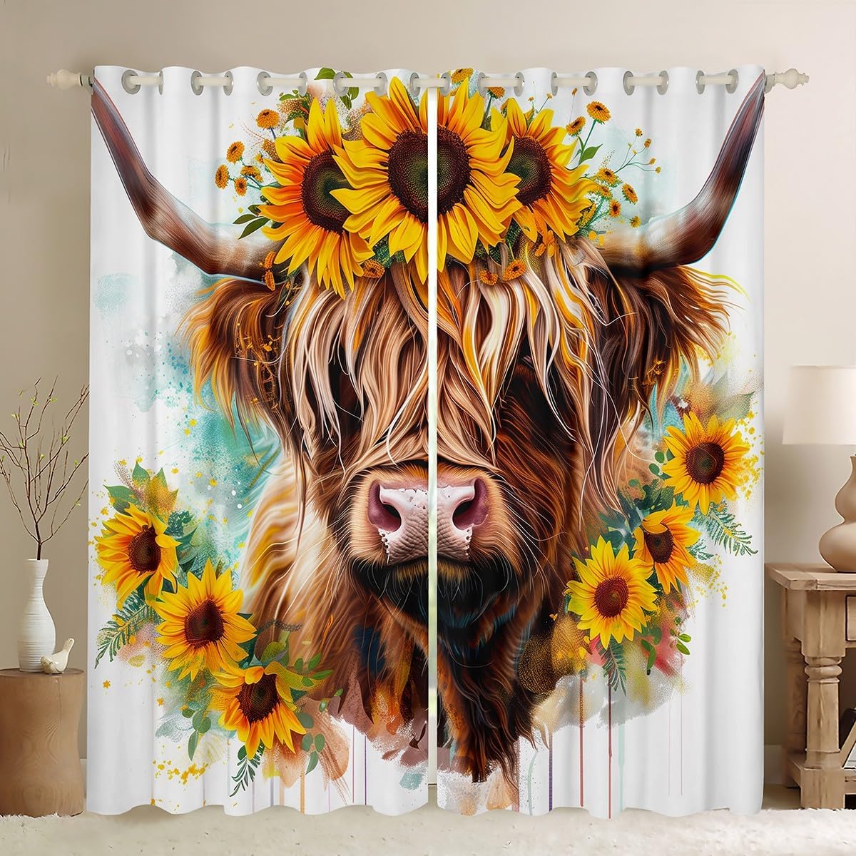Manfei Highland Cattle Kids Blackout Curtain,Tie-dye Graffiti Sunflowers Window Drapes for Boys Girls,Bull Cow Wild Animal Rustic Brown Yellow Window Treatments Grommet Top 2 Panel Set,52Wx96L inch