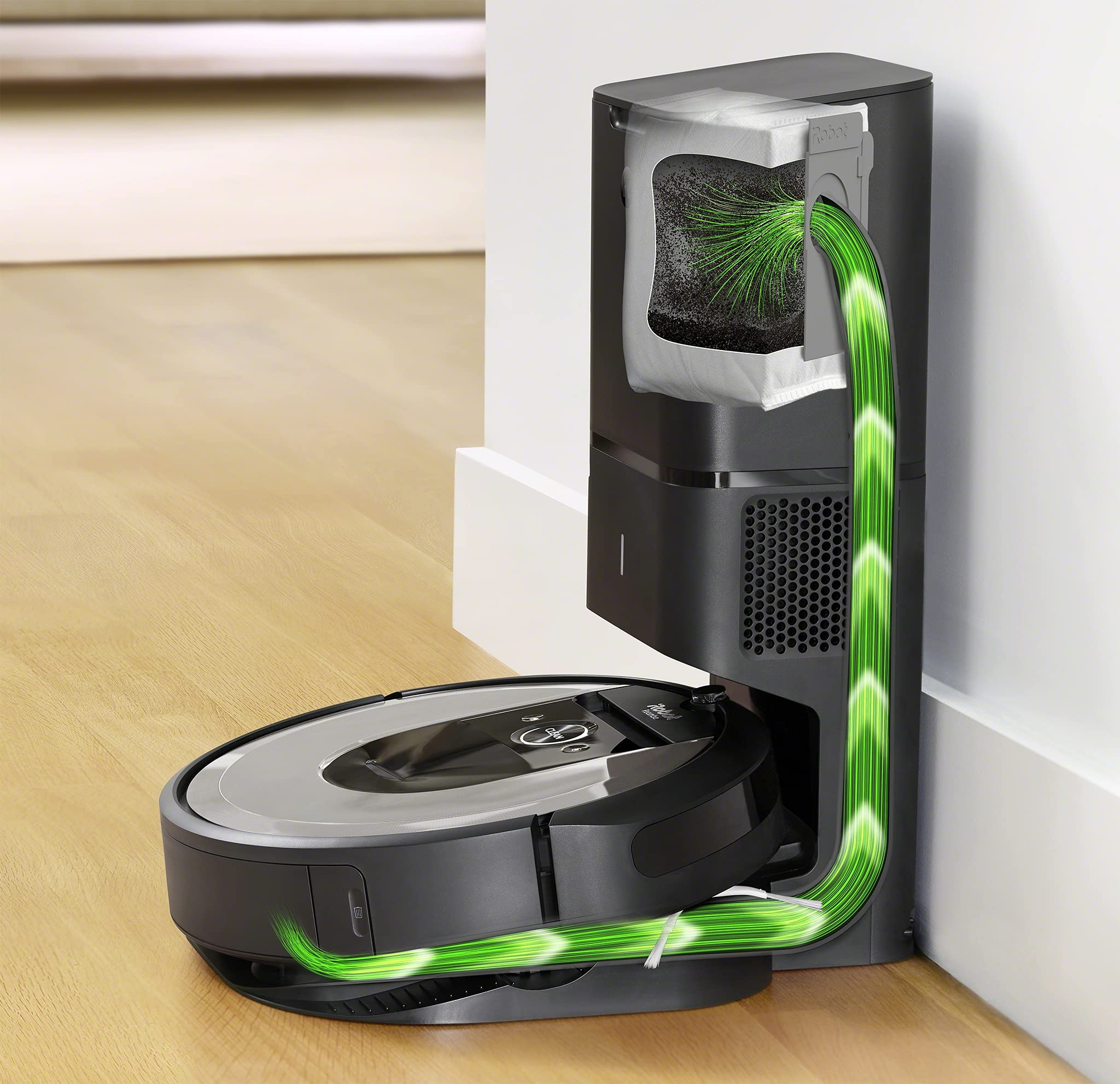 iRobot Aspirador Roomba i7+ (i7556) con Vaciado automático, Alta Potencia, para Mascotas, Programa por habitación, Limpia por Objeto + Pack de 3 Bolsas de Vaciado de la Suciedad Roomba