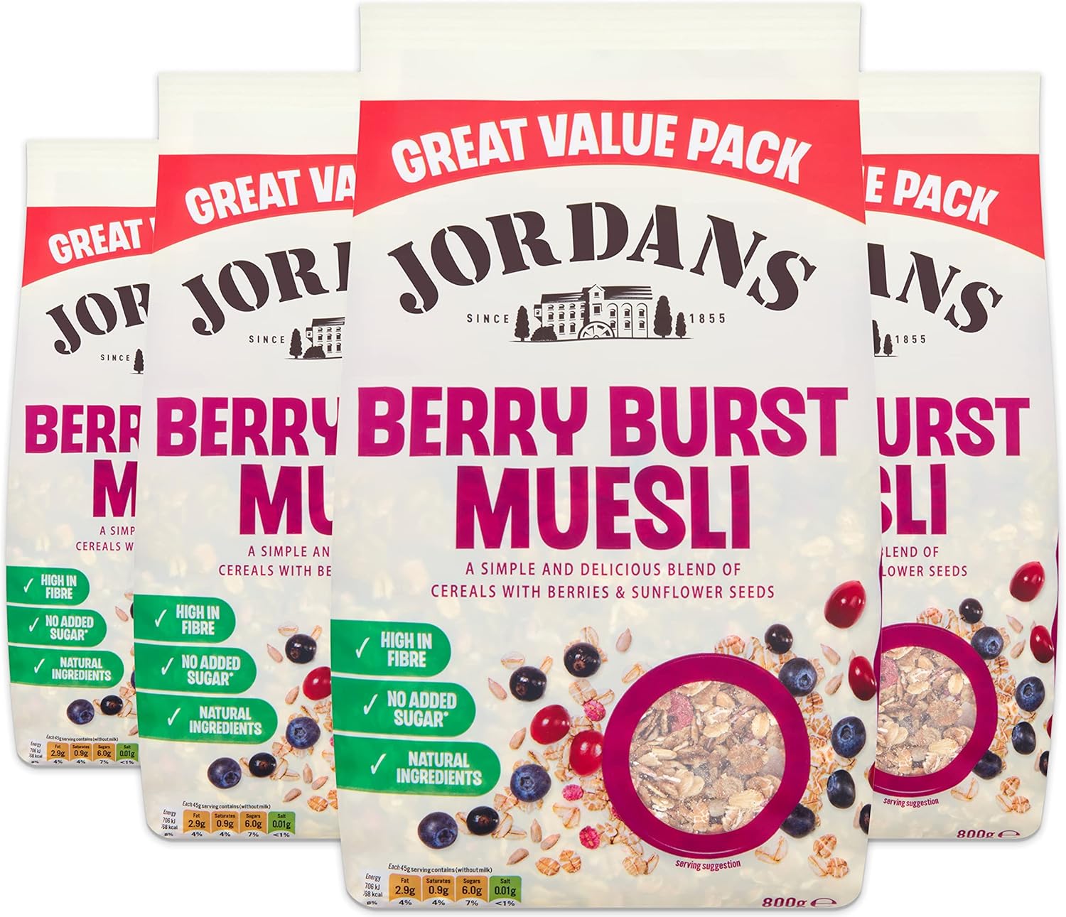 Jordans Berry Burst Muesli Breakfast Cereal Vegetarian High Fibre 4 PACKS of 800g Amazon