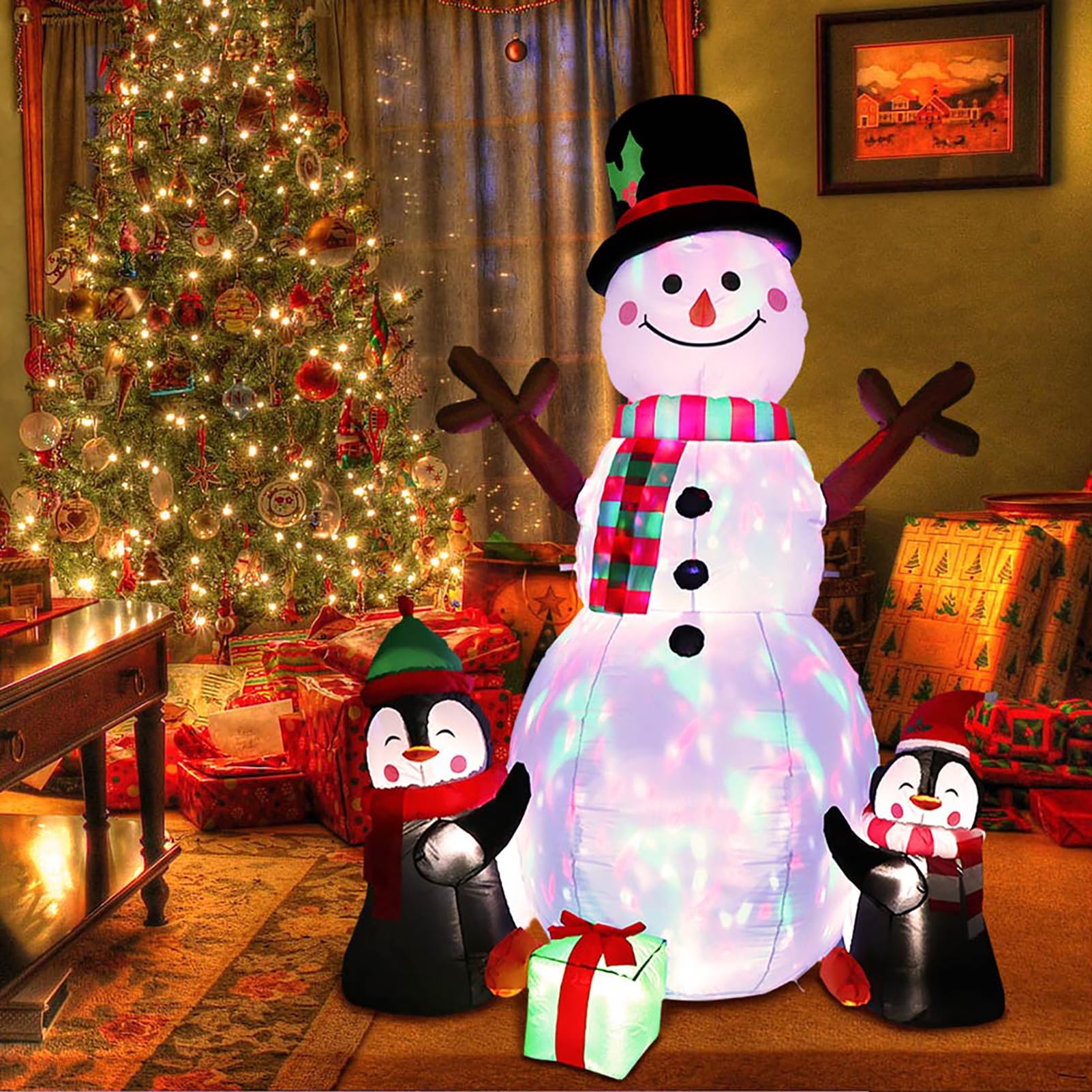 Decoraciones Inflables Navideñas De Pingüino Muñeco De Nieve De 6 Pies con Luces LED Giratorias, Adornos Inflables Modelo Navideños, para Decoración Navideña En Interiores Y Exteriores