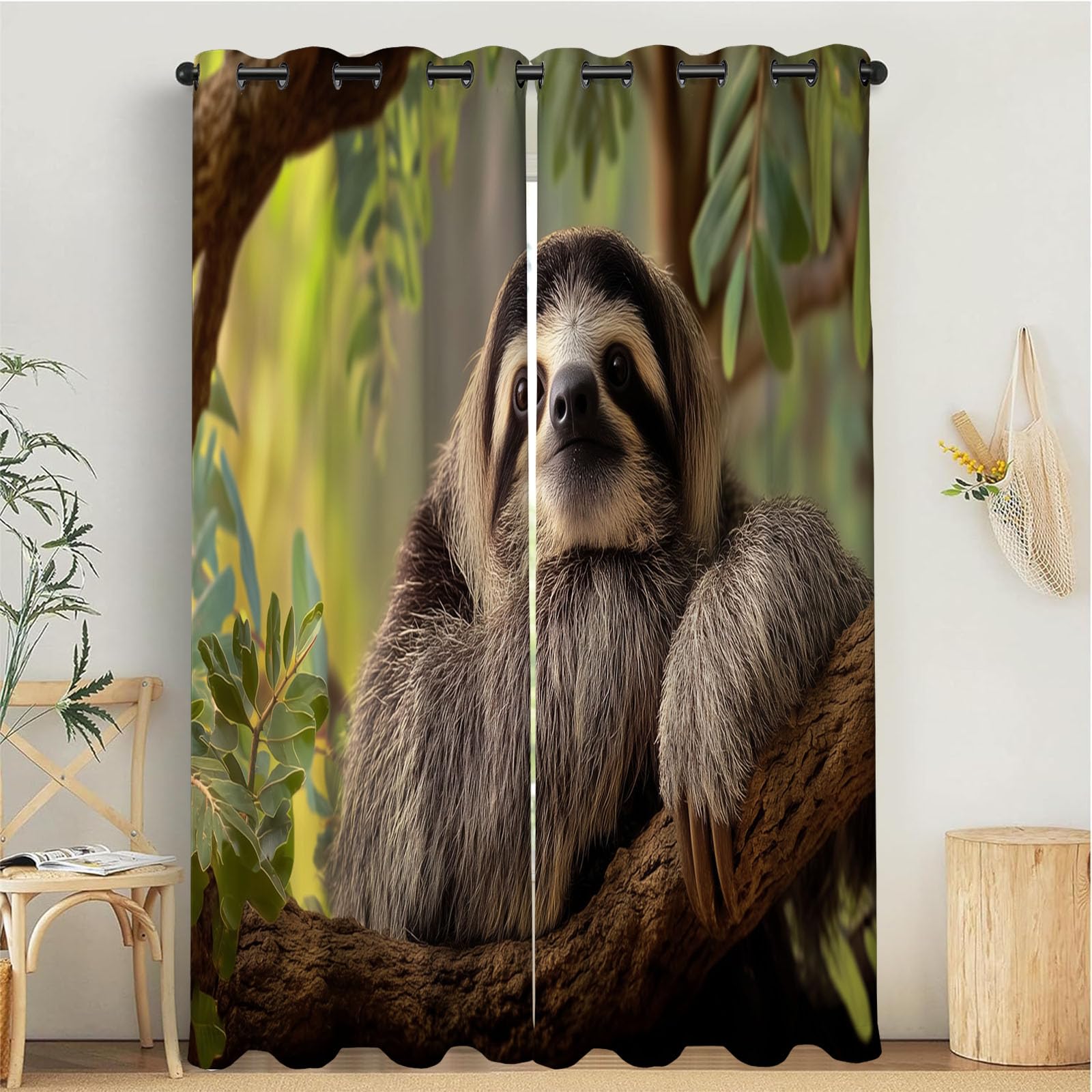 Rideau occultant animaux paresseux 140x175cm lot de 2