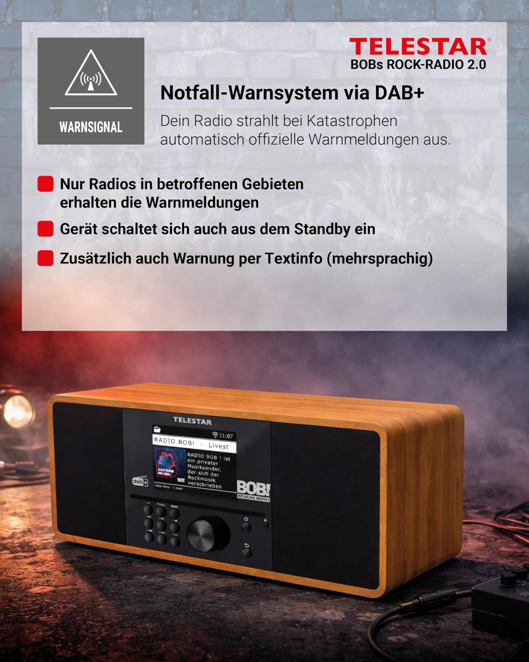 TELESTAR BOBs Rock Radio 2.0 – DAB+/Internetradio mit CD-Player – Holz | RADIO BOB! Sender vorinstalliert, Stereo, 2 × 15 W, Streamingdienste, Bluetooth Audio-Streaming & Sendefunktion, USB