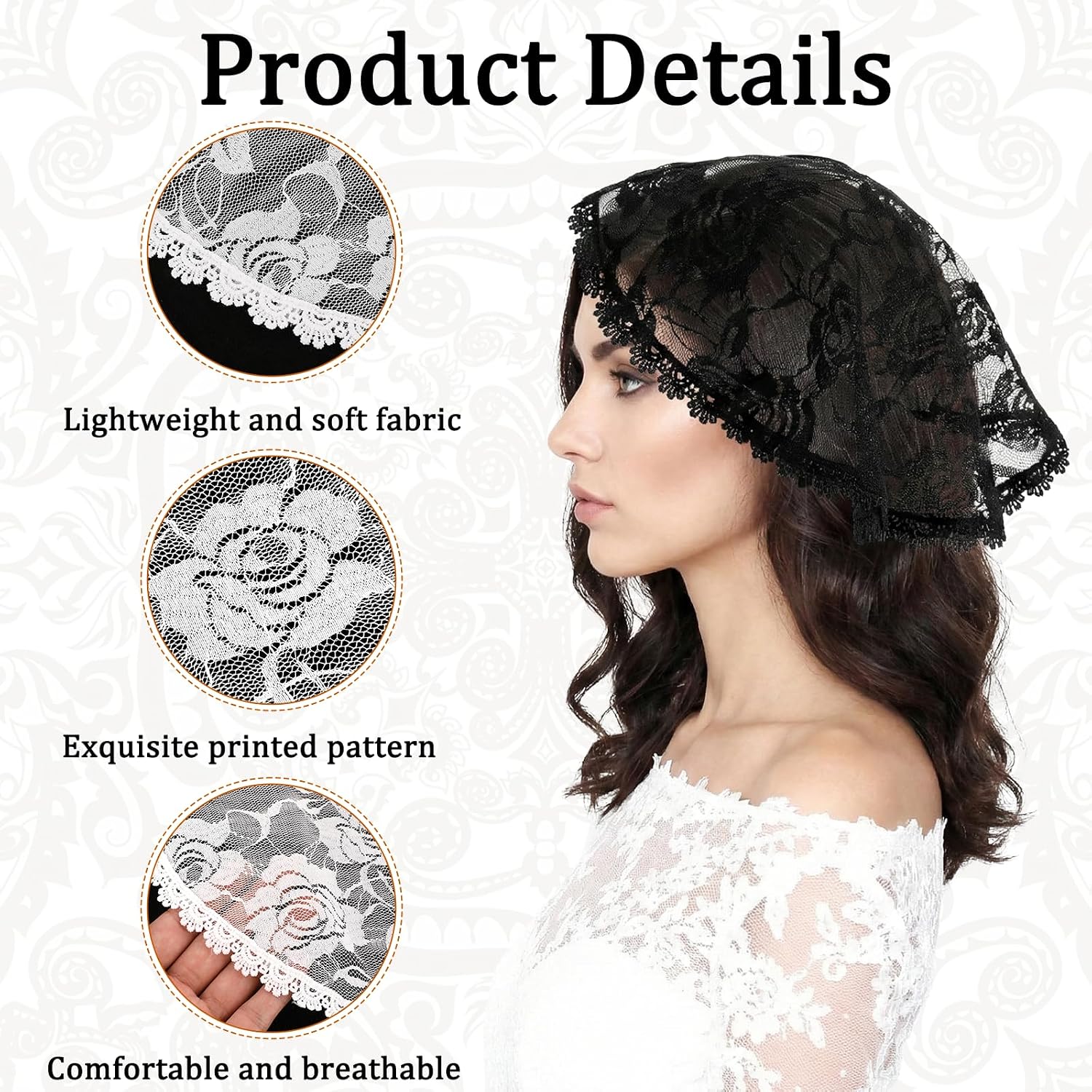 Andibro 2 Pcs Church Head Coverings for Women, Short Lace Veil & Round Floral Mantilla for Catholic Church (White & Black)