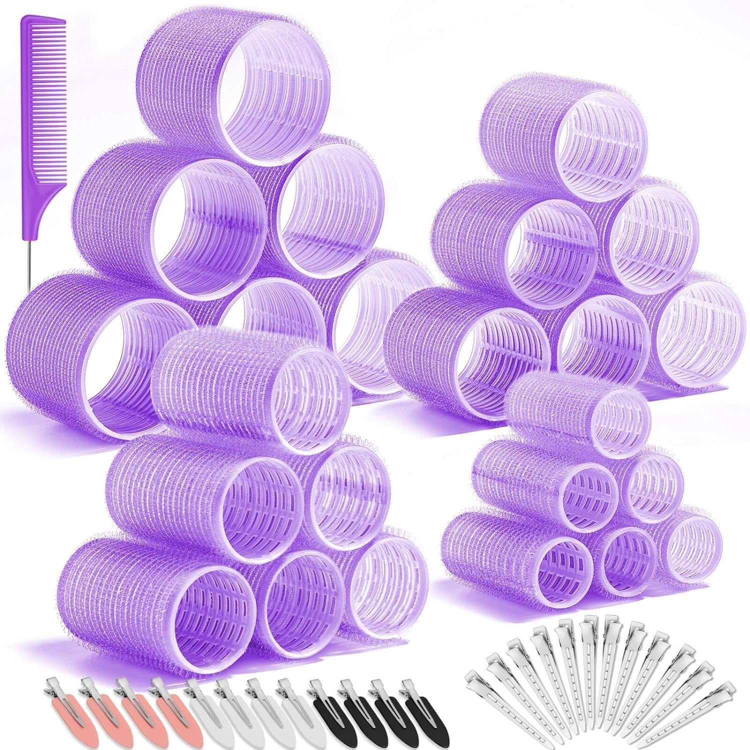 JZK 49 in 1 Extra large medium small self grip hair rollers with clips set for long/short hair and fringe