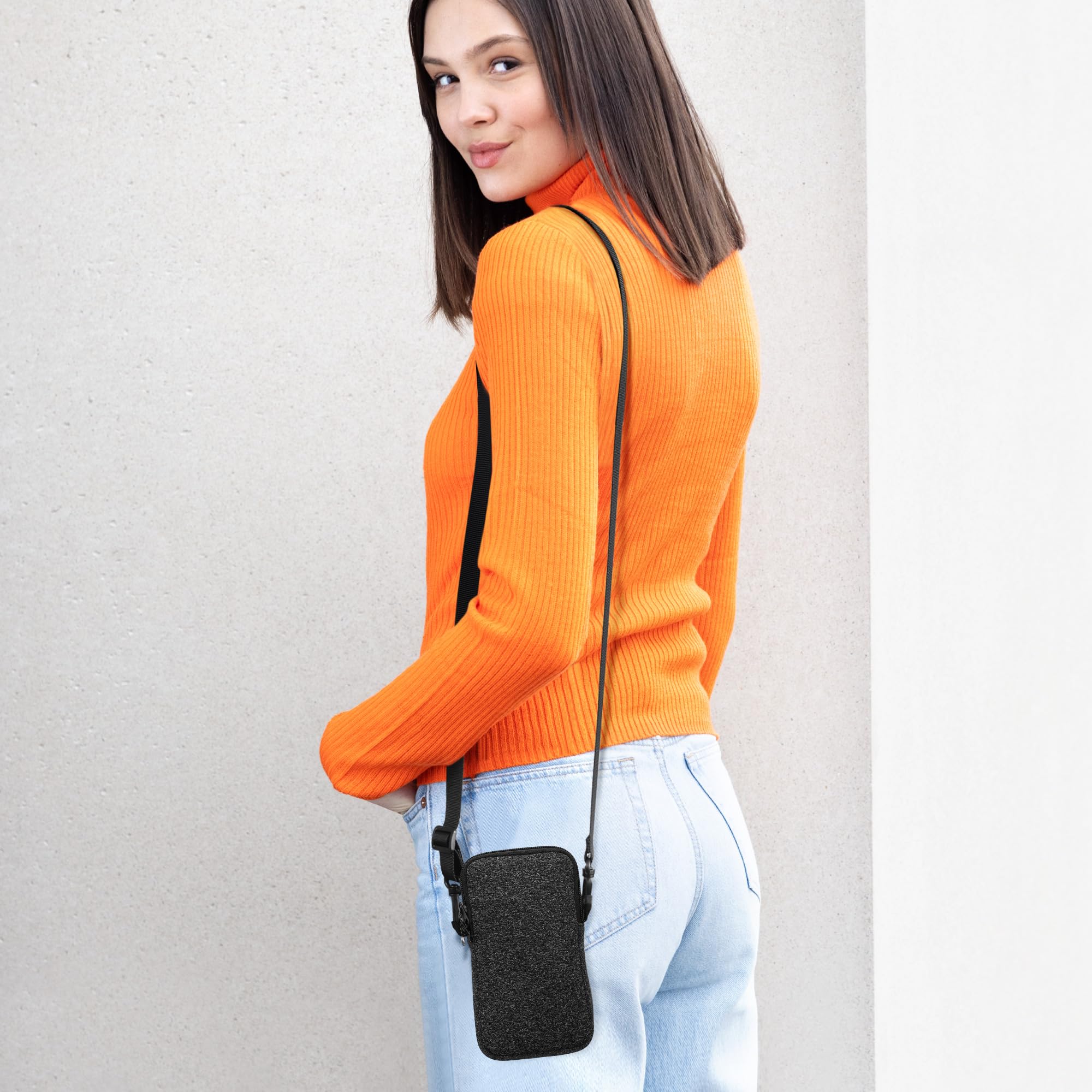 kwmobile Handytasche für Smartphones XL - 6,7/6,8" - Neopren Handy Hülle Anthrazit Weiß mit Kordel - Handy Tasche mit Handykette 17,2 x 8,4 cm Innenmaße