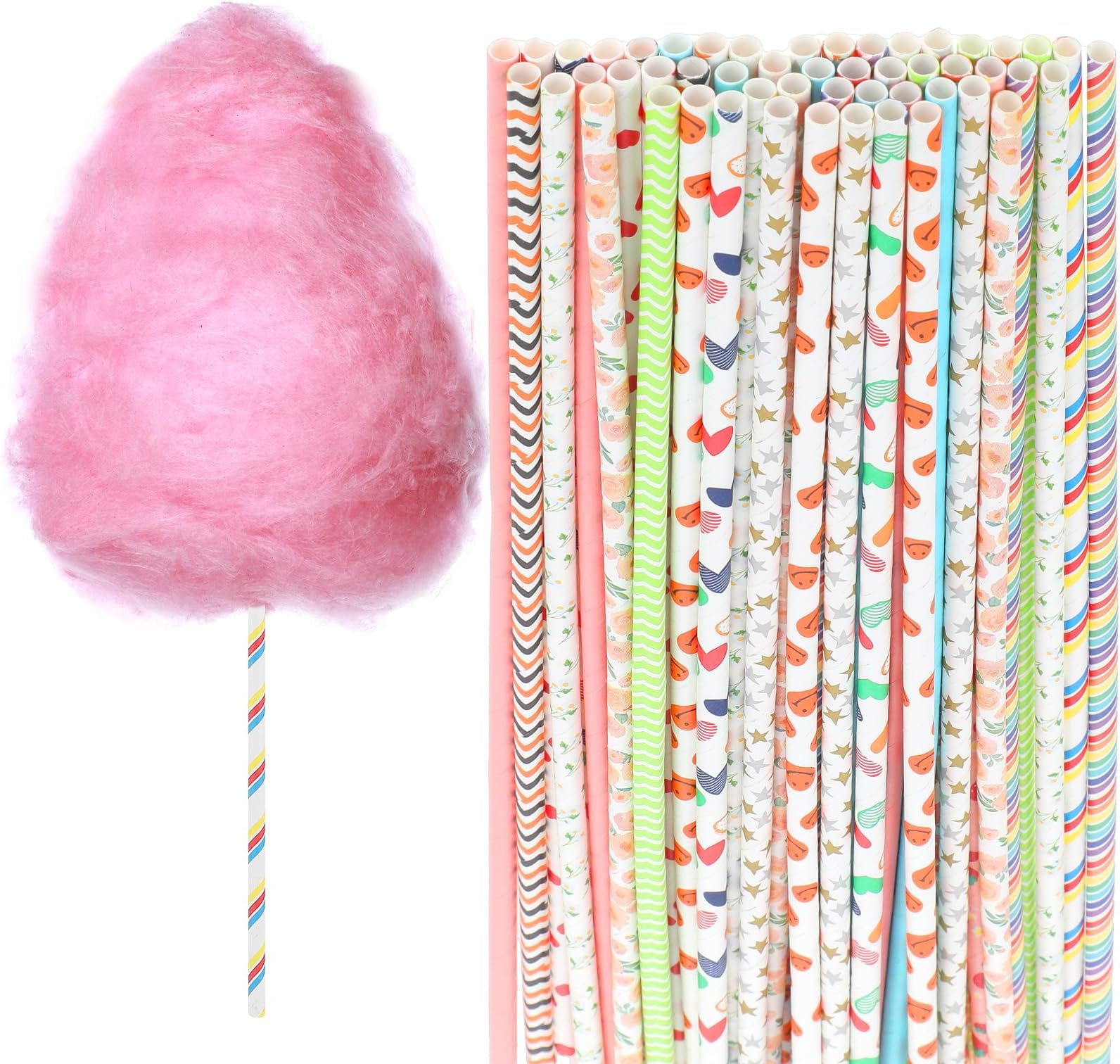 50 PCS Cotton Candy Cones 13.77 Inch Cotton Candy Sticks Random Colorful Cotton Candy Supplies Paper Straws Cones for Birthdays, Weddings, Holiday Parties, Candy Making