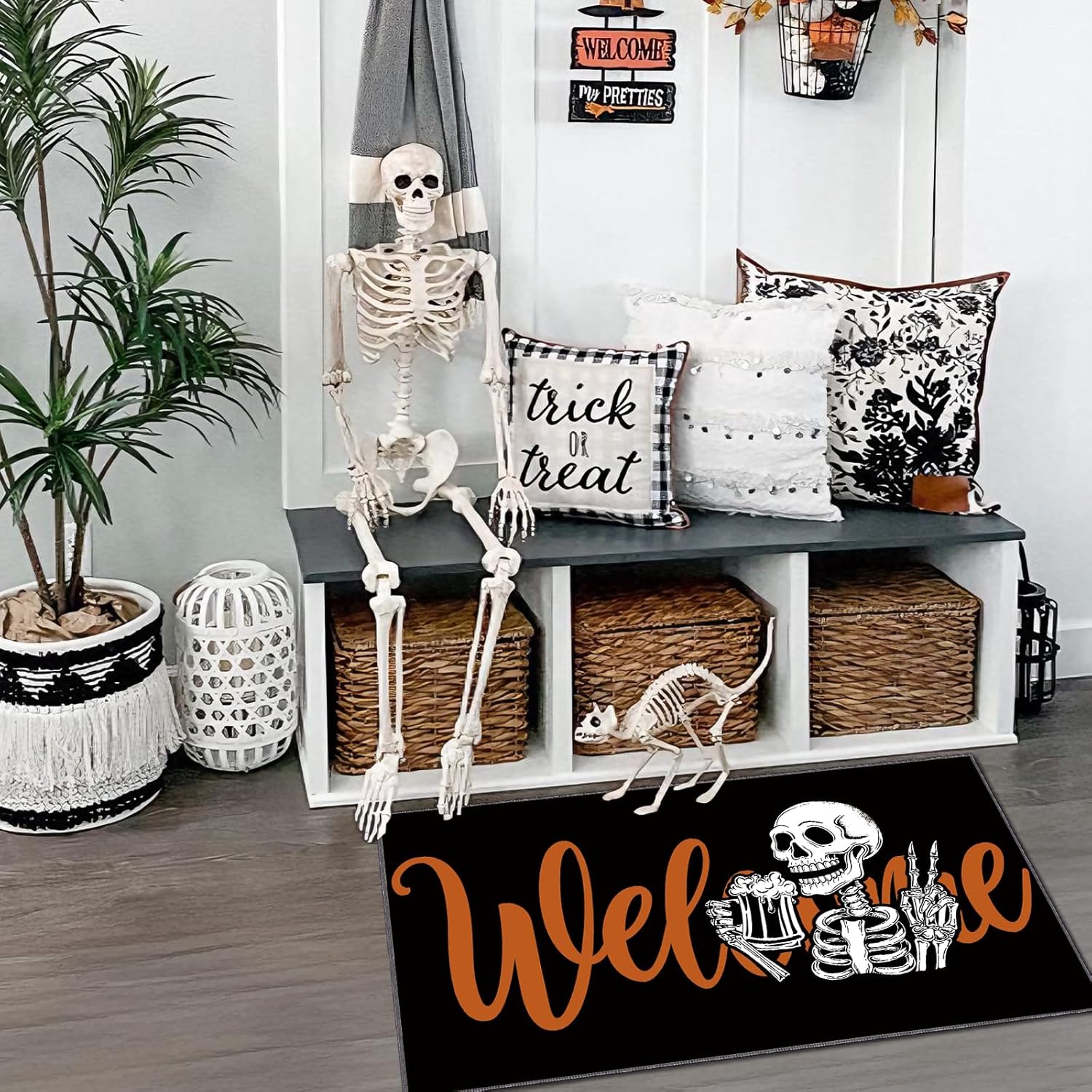 暗闇で光るハロウィンドアマット 屋外 屋内 ブラックリネン スケルトン ウェルカムマット 滑り止め ゴム裏地 フロントポーチラグ ホ