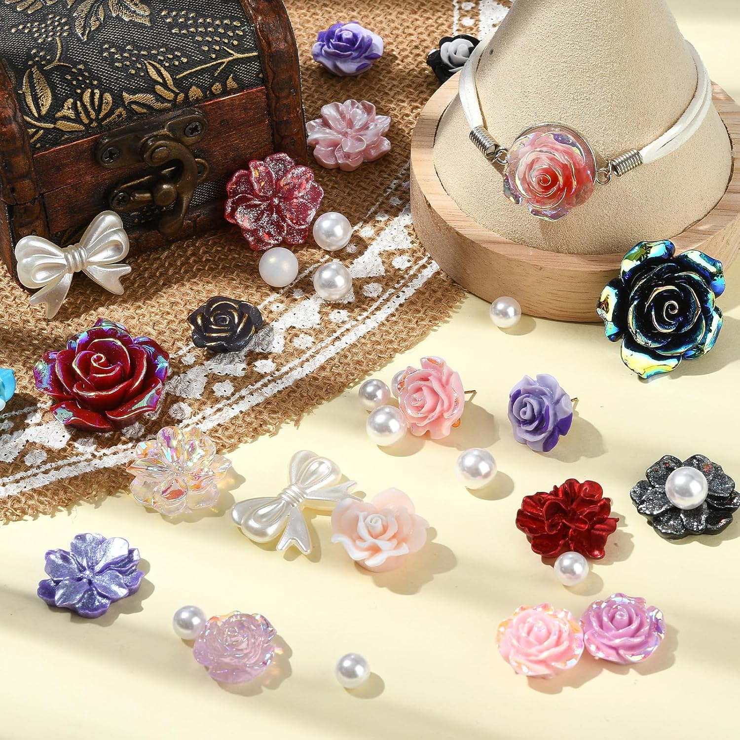 BEEFLIYNG 1 Pack Random 3D Resin ABS Colorful Rose Flower Butterfly Bow Charm Pearl Bead Floral Cabochon for Bracelet Earring Phone Case Craft DIY Jewelry Making(Black) - Image 5