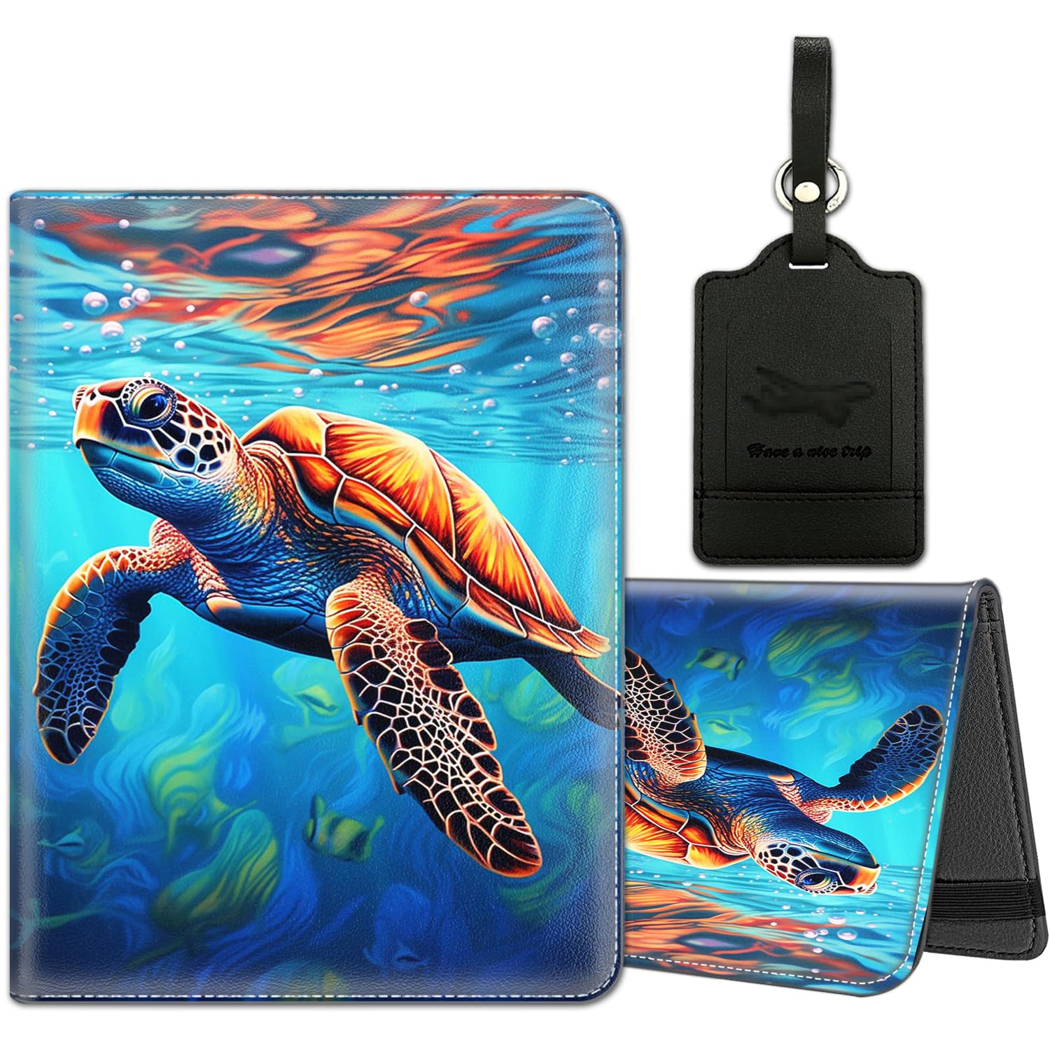 Passport Holder for Travel with Luggage Tag, PU Leather Passport Wallet with RFID Blocking for Women Men, Multi Card Slot Passport Cover Case, Turtle