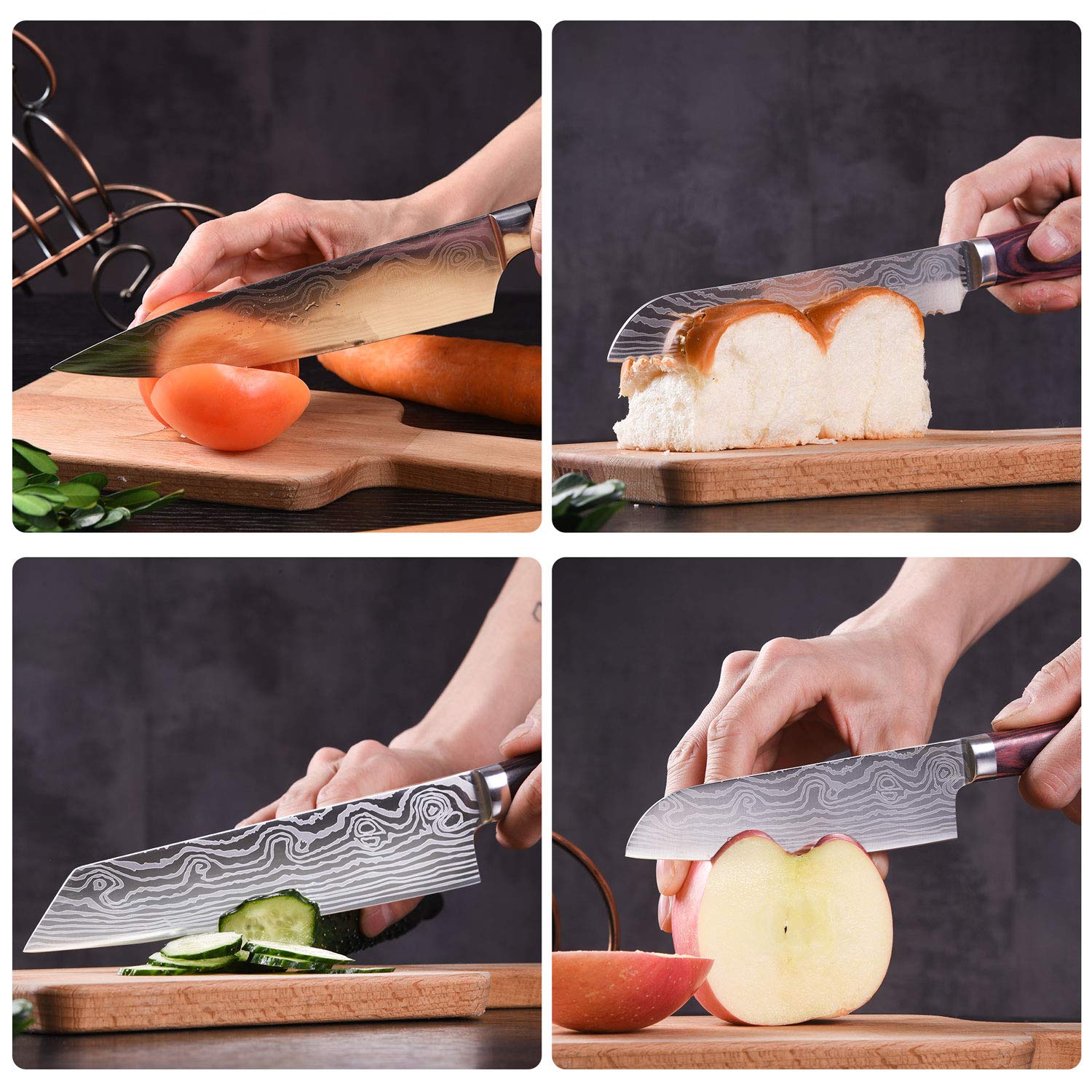 Juego de 5 cuchillos de cocina profesionales de acero inoxidable japonés de alto carbono ultra afilados con vainas, mango ergonómico, cortador multifuncional y cuchillos en caja de regalo, plateado
