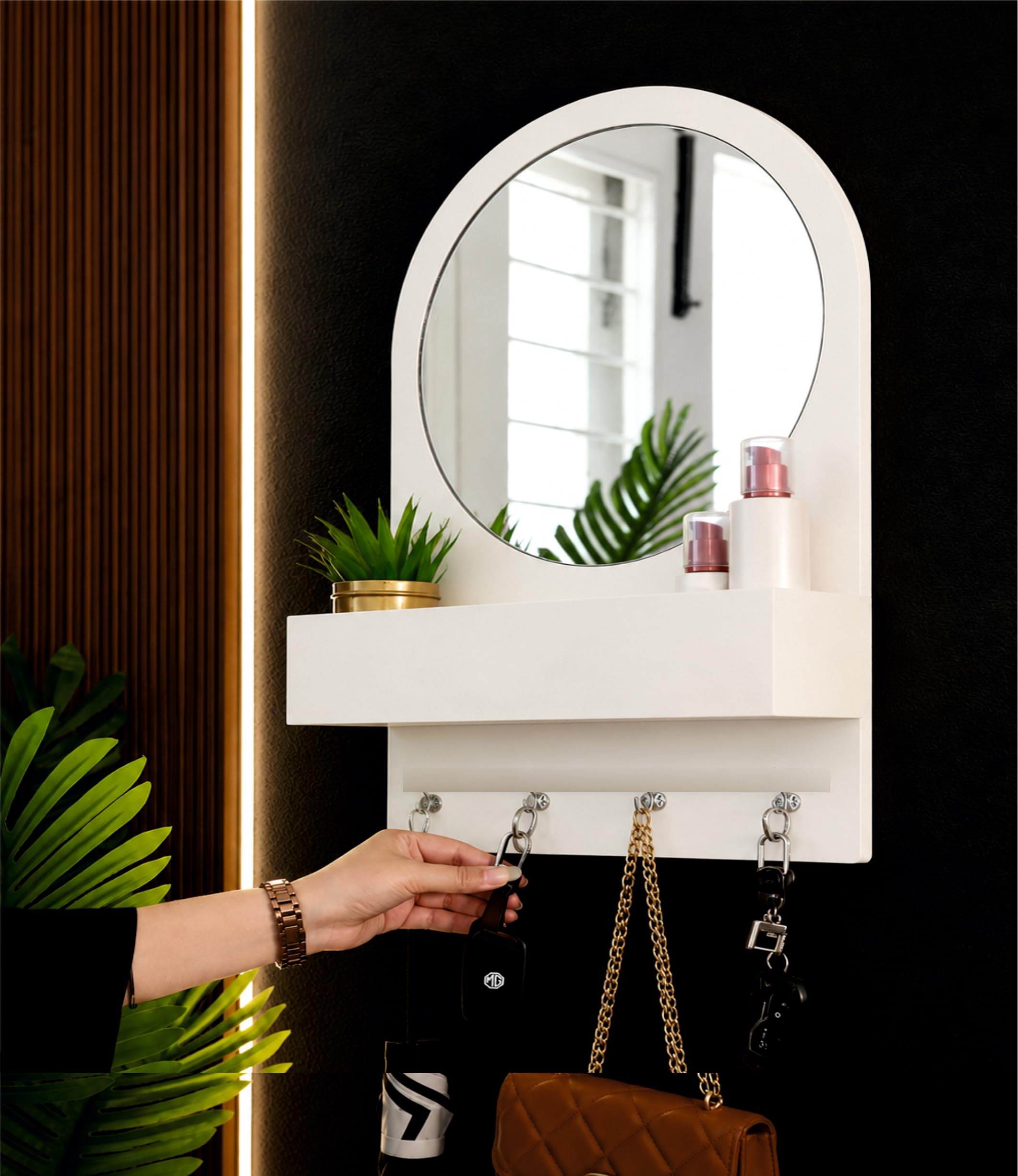 Premium Wall Decor Mirror with Shelf and Key Hooks | Arched Frame, Storage Shelf, Key Hooks-image-19