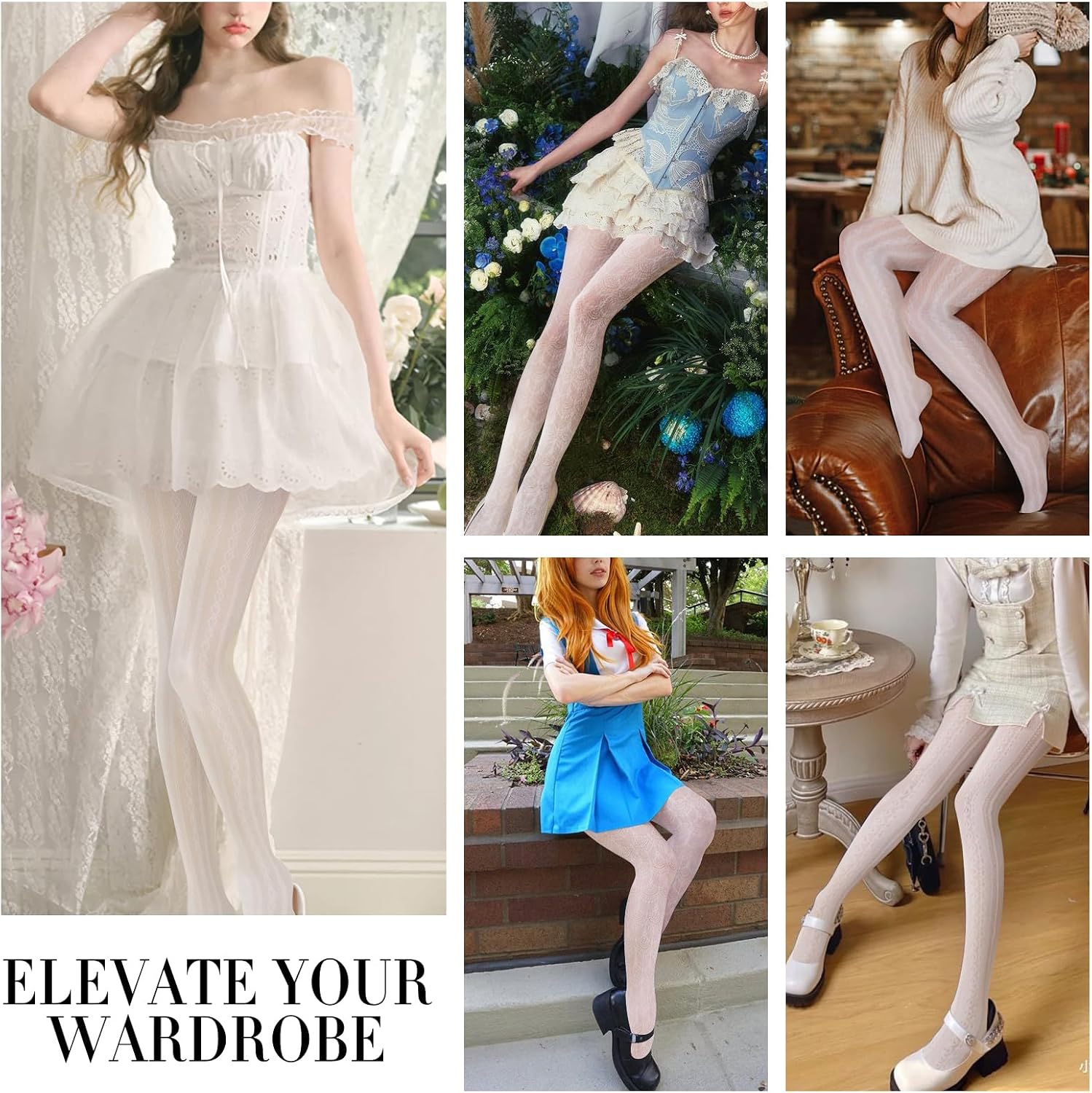 MANZI Women's Hollow Out Knitted Patterned Tights White Lace Fishnet Stockings Vertical Strips Pantyhose with High Waist