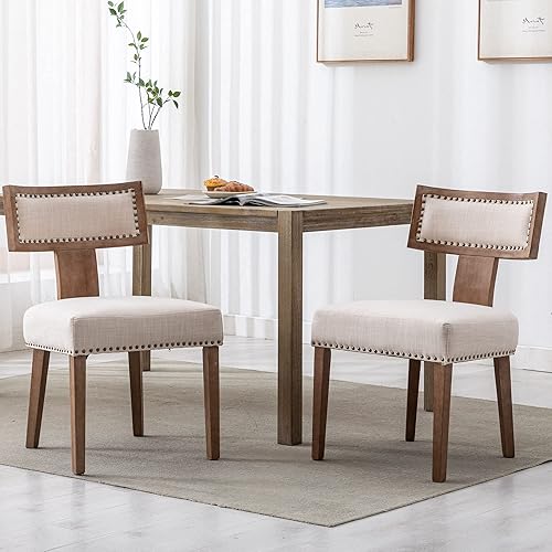Miniatura 2 de VESCASA Sillas de comedor tapizadas de lino con patas de madera natural, modernas sillas de comedor acolchadas con ribete de cabeza de clavo con