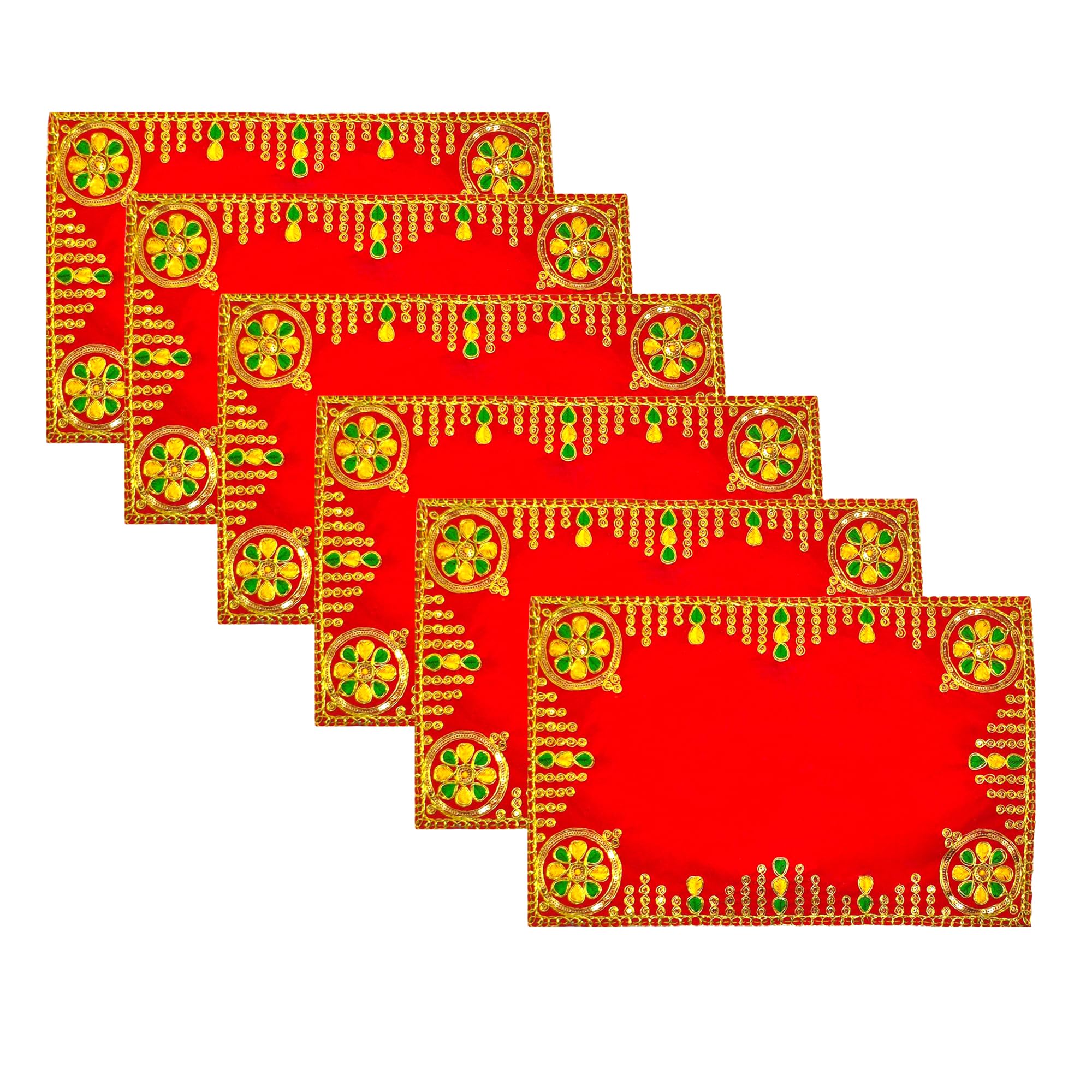 Achleshwar Designer Velvet Embroidered Pooja Aasan Cloth 4x6 inch RED | Chowki Aasan for God Idol | Mandir Table Altar Cover for Temple, Puja Shelf, Diwali Decoration Pack 0f 6